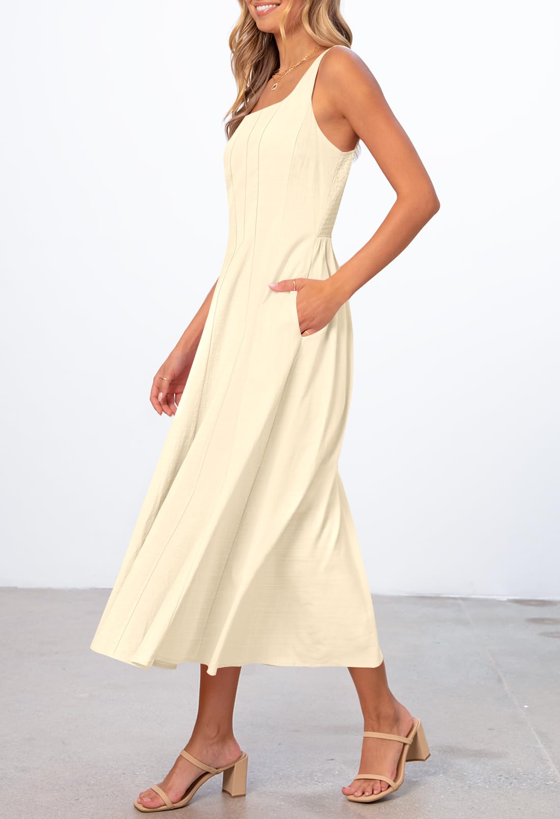 Foto 3 pulgar | Vestido Merokeety Para Mujer 2025, Sin Mangas, Midi, Color Albaricoque - Venta Internacional.