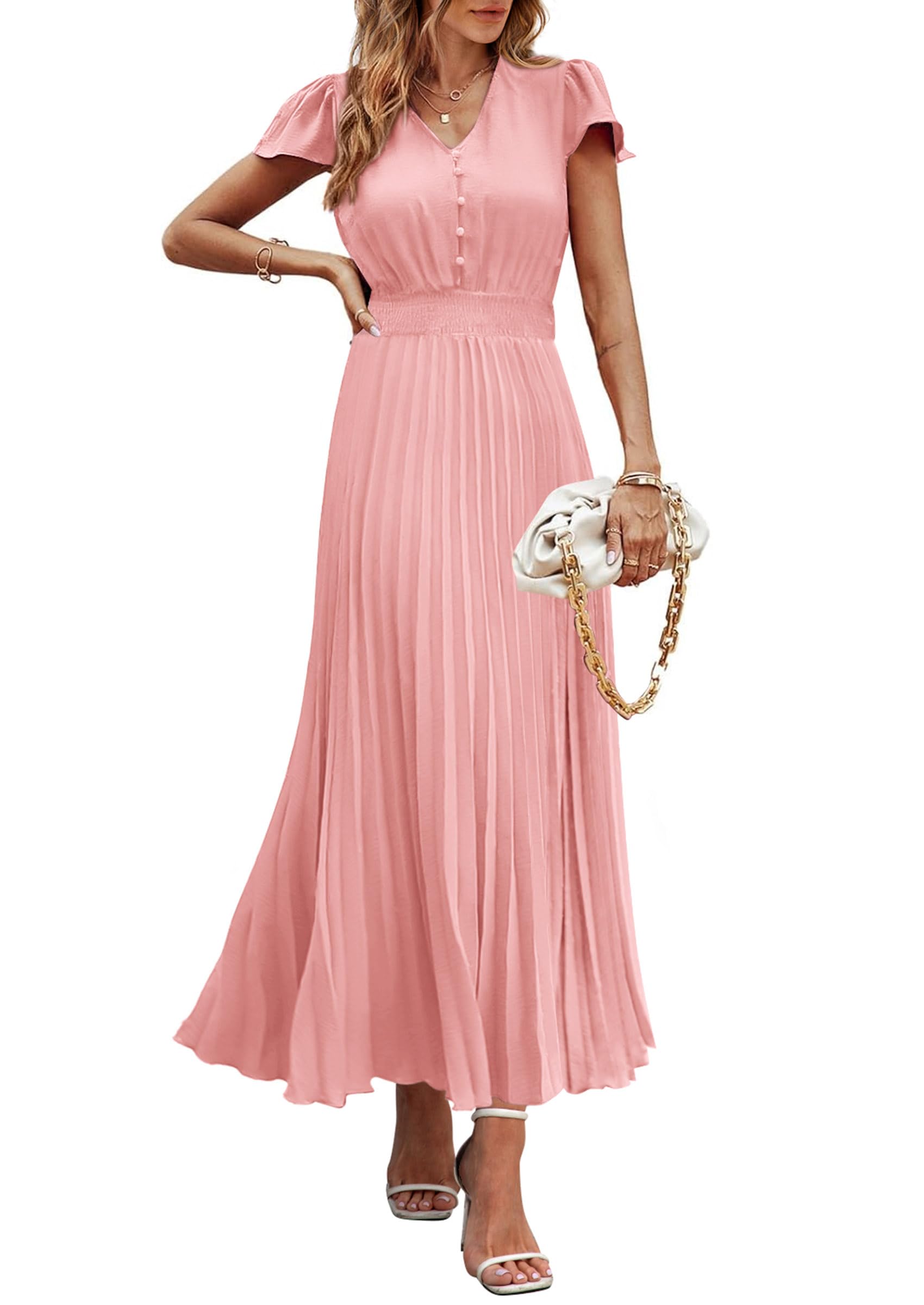 Foto 2 pulgar | Vestido Largo Prettygarden Para Mujer, Cuello En V, Cuello En V, Volantes, Color Rosa Xxl - Venta Internacional.