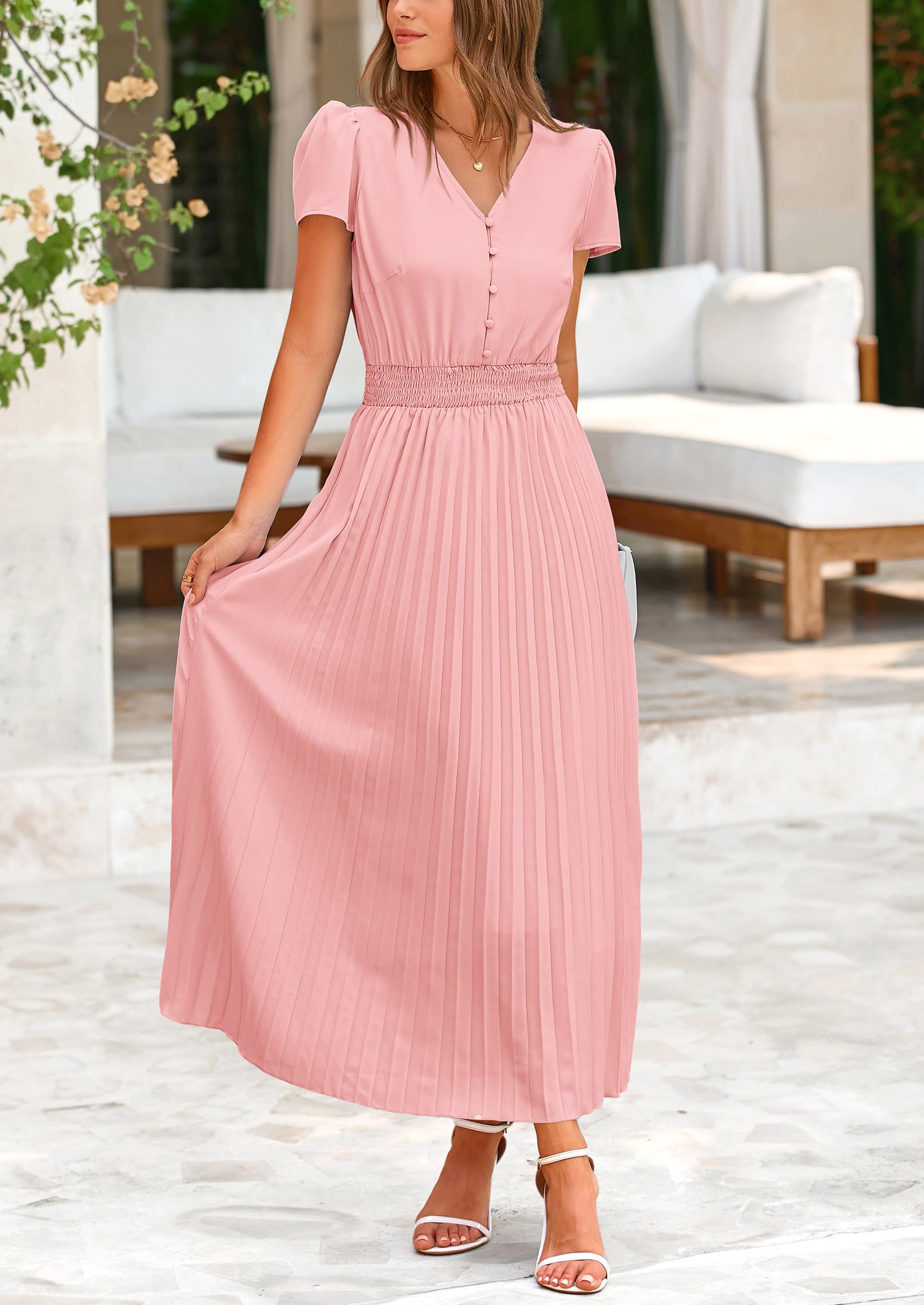 Foto 8 pulgar | Vestido Largo Prettygarden Para Mujer, Cuello En V, Cuello En V, Volantes, Color Rosa Xxl - Venta Internacional.