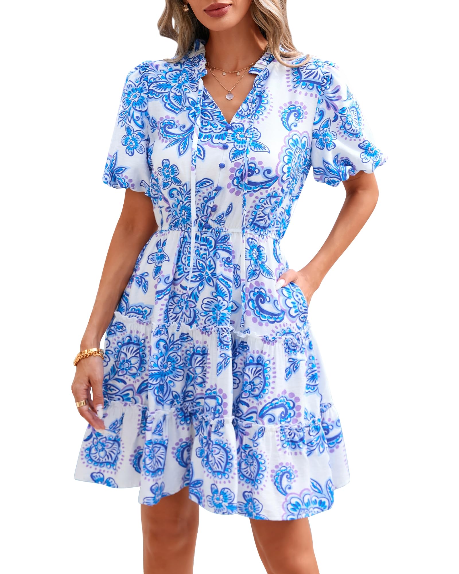 Foto 2 pulgar | Vestido Btfbm Para Mujer, Estampado Floral, Cuello En V, Manga Corta, Volantes - Venta Internacional.