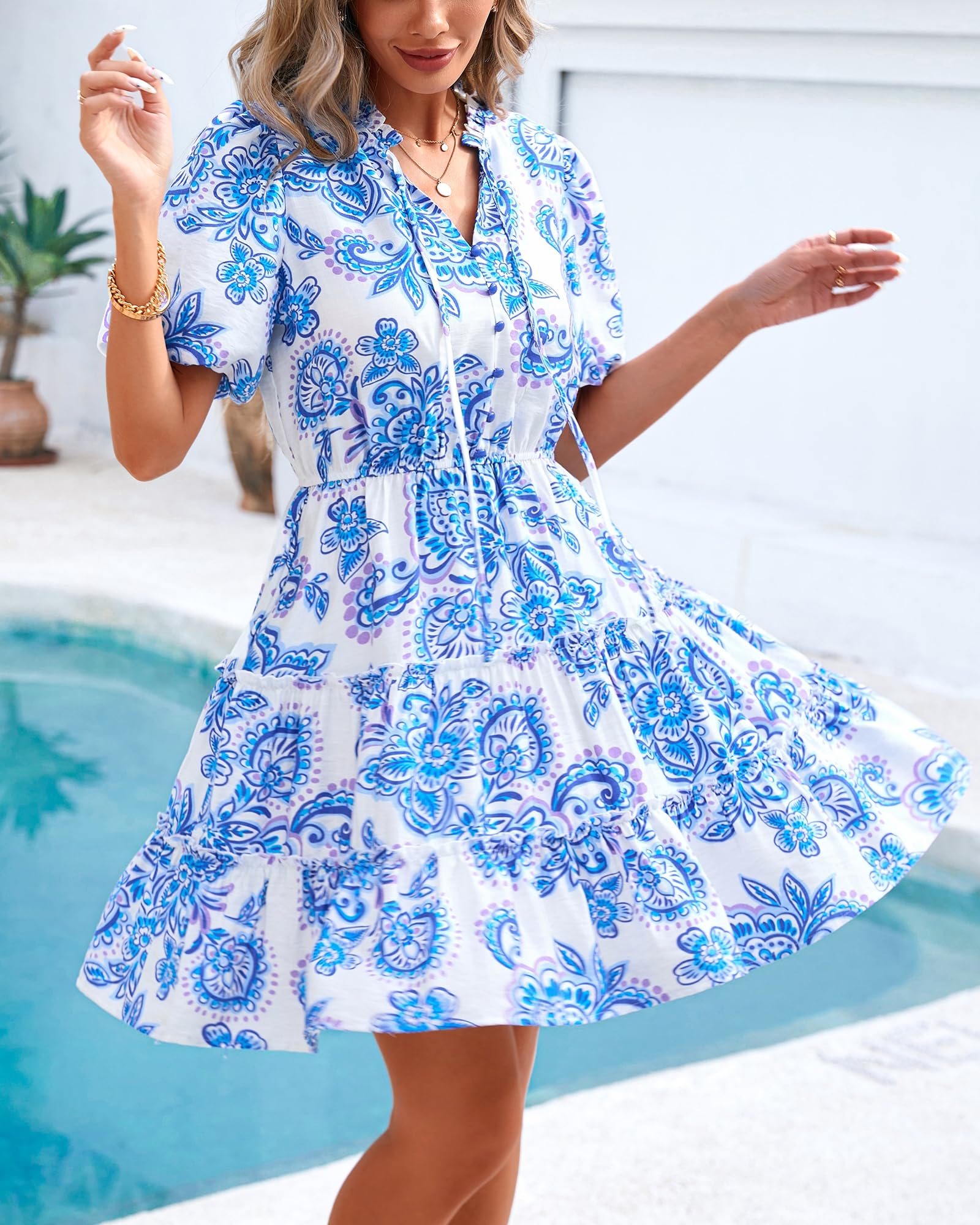 Foto 5 pulgar | Vestido Btfbm Para Mujer, Estampado Floral, Cuello En V, Manga Corta, Volantes - Venta Internacional.