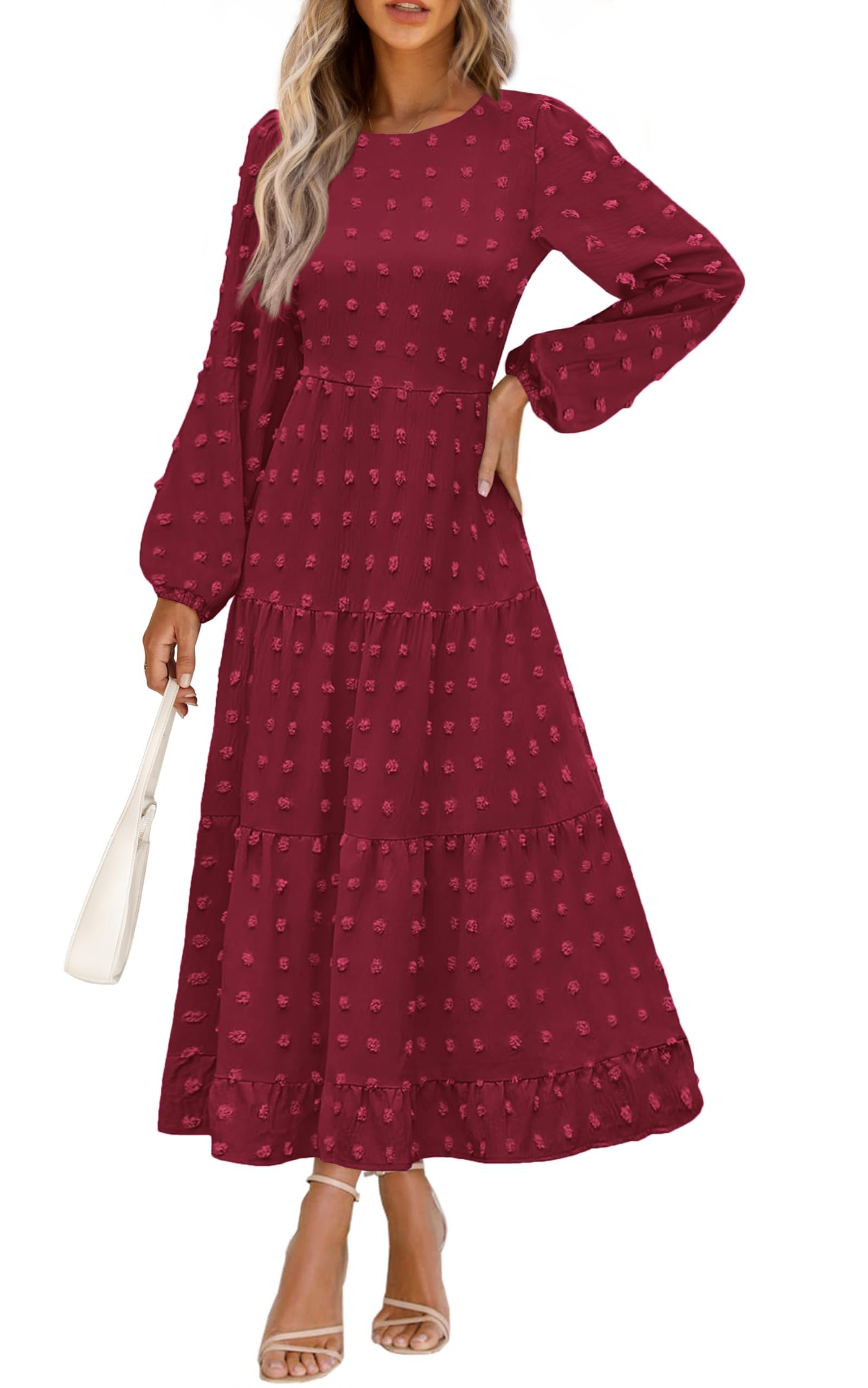 Vestido Largo Prettygarden Para Mujer, Otoño-primavera, Punto Suizo, Rojo Vino - Venta Internacional.