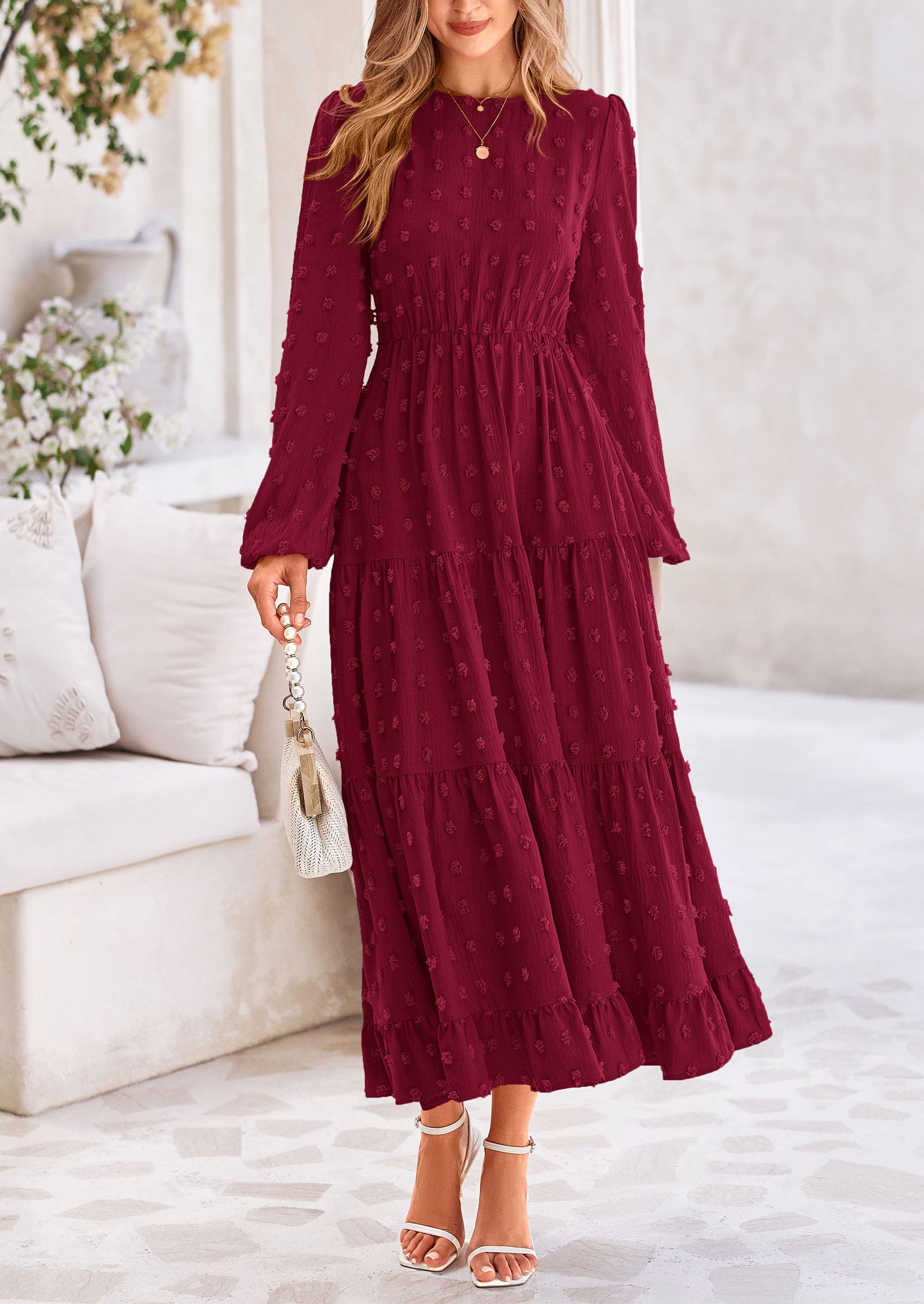 Foto 4 pulgar | Vestido Largo Prettygarden Para Mujer, Otoño-primavera, Punto Suizo, Rojo Vino - Venta Internacional.