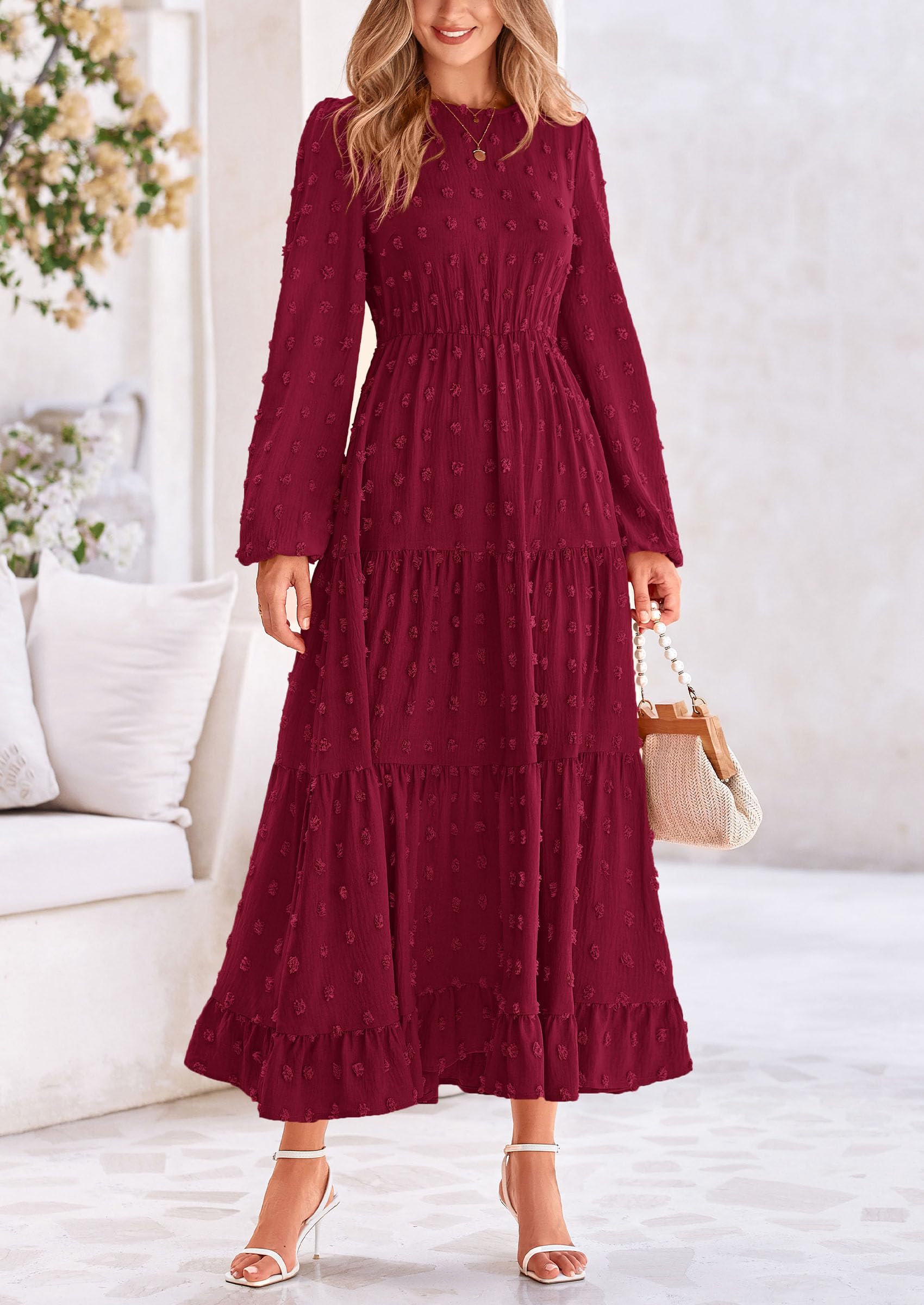 Foto 5 pulgar | Vestido Largo Prettygarden Para Mujer, Otoño-primavera, Punto Suizo, Rojo Vino - Venta Internacional.