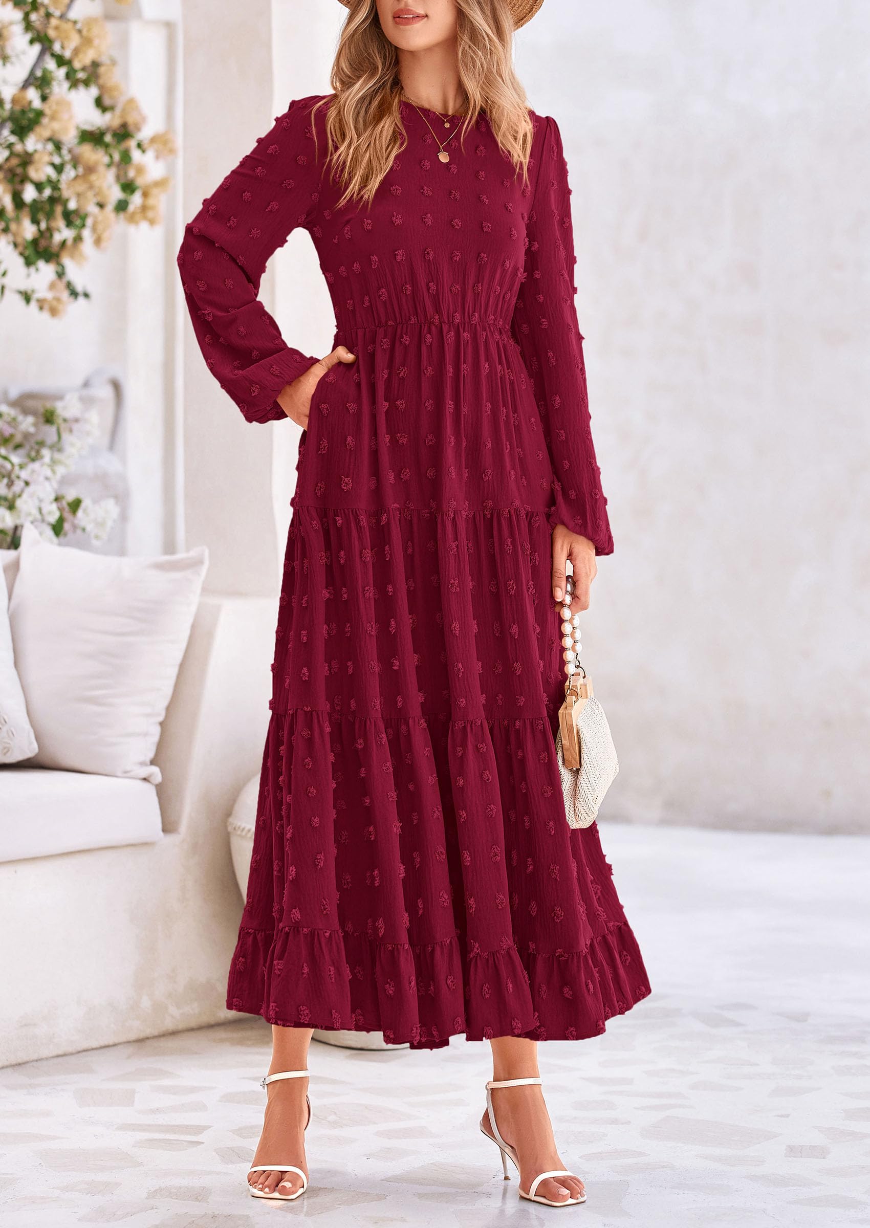 Foto 6 pulgar | Vestido Largo Prettygarden Para Mujer, Otoño-primavera, Punto Suizo, Rojo Vino - Venta Internacional.
