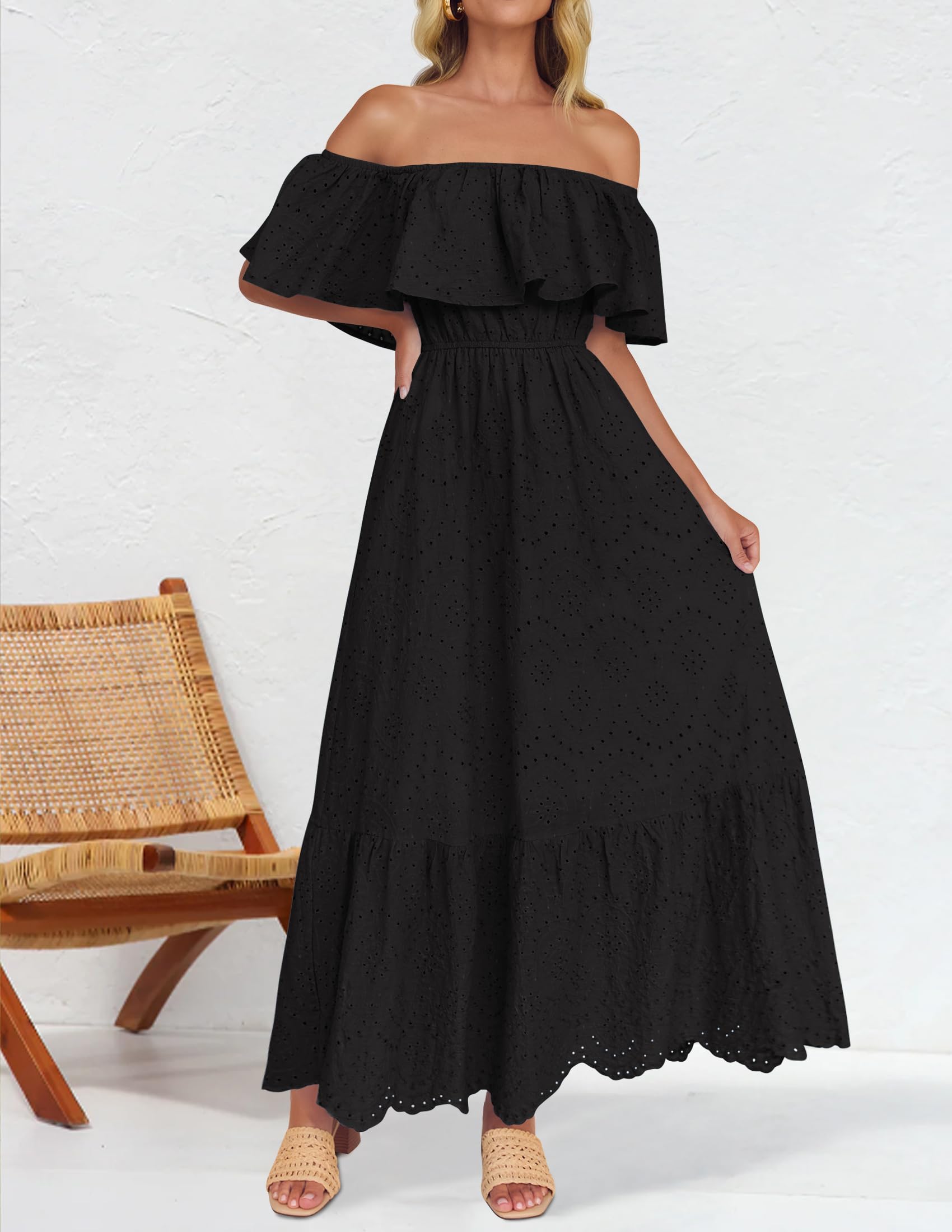 Foto 3 pulgar | Vestido Zesica 2025, De Verano, Con Hombros Descubiertos, Bordado Con Volantes, Negro - Venta Internacional.