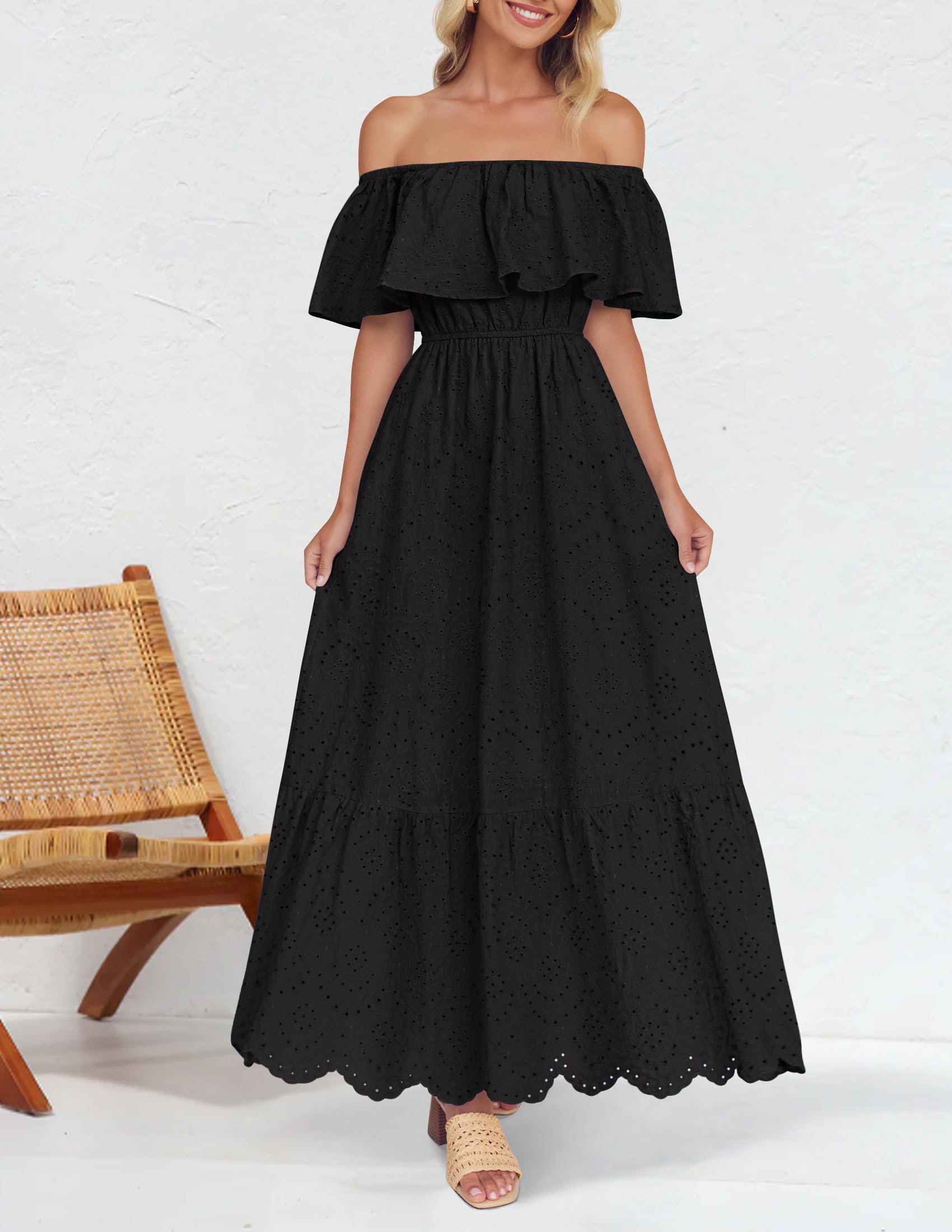 Foto 5 pulgar | Vestido Zesica 2025, De Verano, Con Hombros Descubiertos, Bordado Con Volantes, Negro - Venta Internacional.