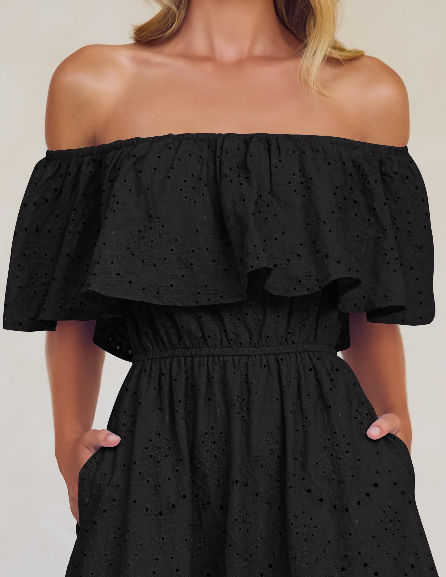 Foto 6 pulgar | Vestido Zesica 2025, De Verano, Con Hombros Descubiertos, Bordado Con Volantes, Negro - Venta Internacional.