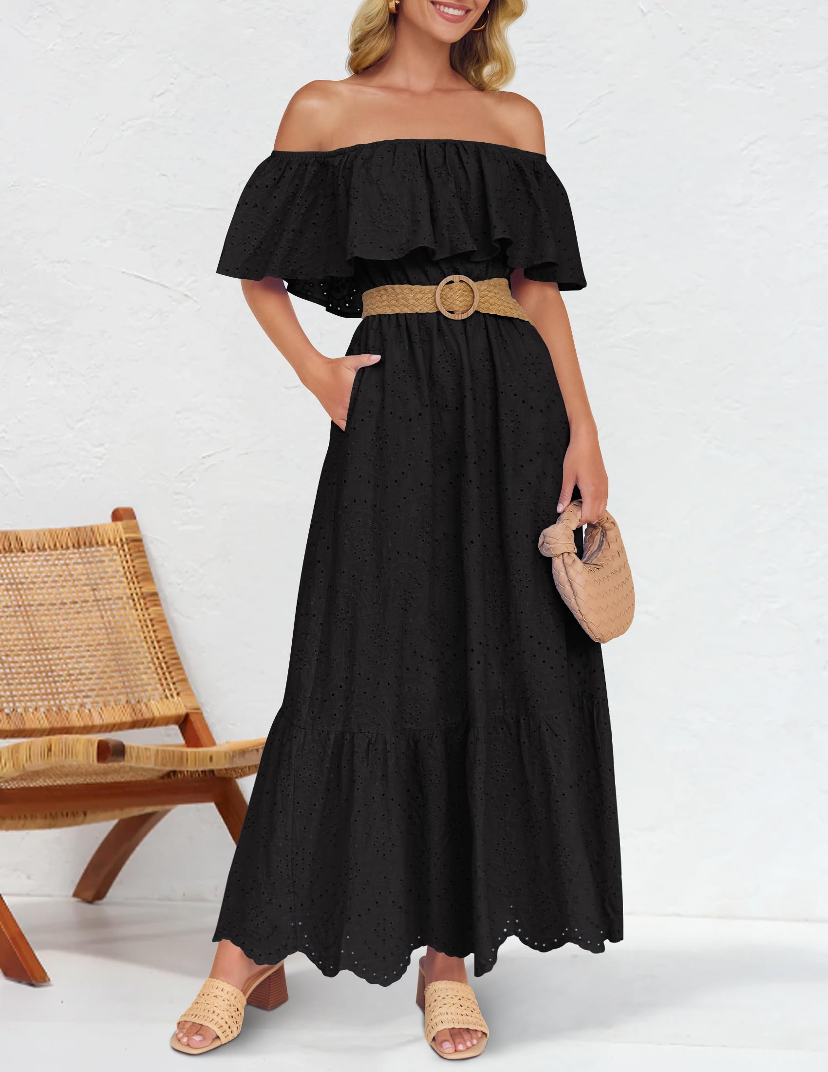 Foto 7 pulgar | Vestido Zesica 2025, De Verano, Con Hombros Descubiertos, Bordado Con Volantes, Negro - Venta Internacional.