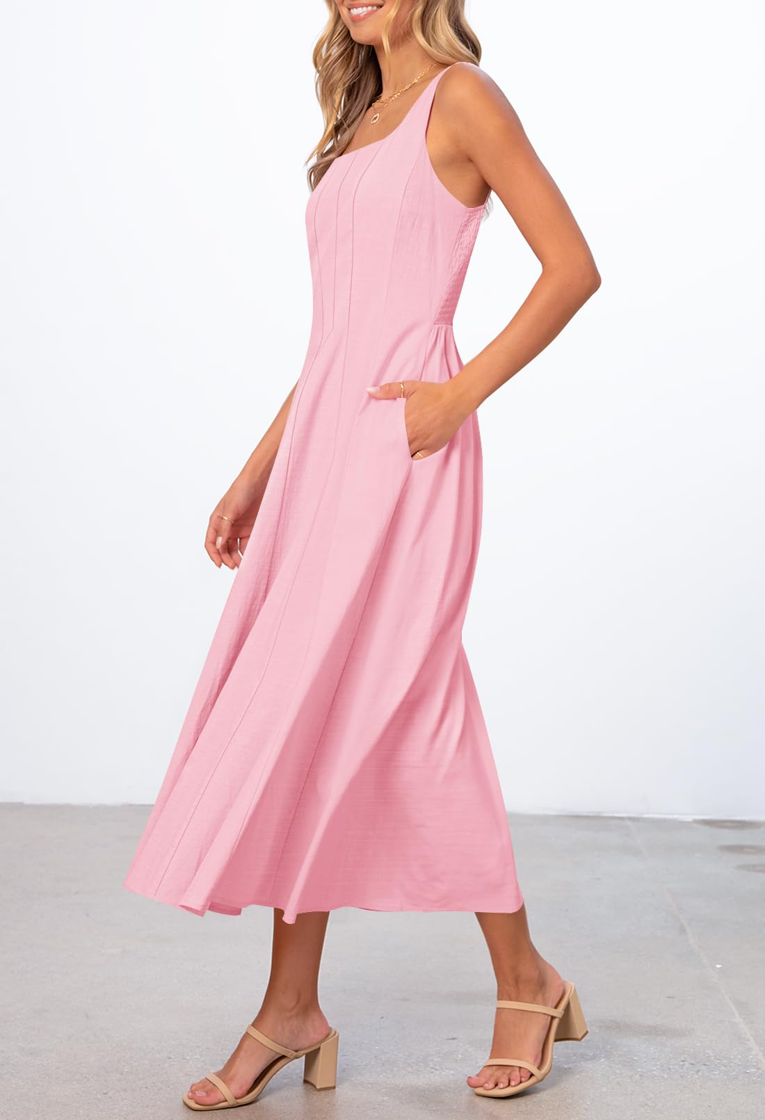 Foto 3 pulgar | Vestido Midi Merokeety Para Mujer 2025, Verano, Sin Mangas, Rosa Claro - Venta Internacional.
