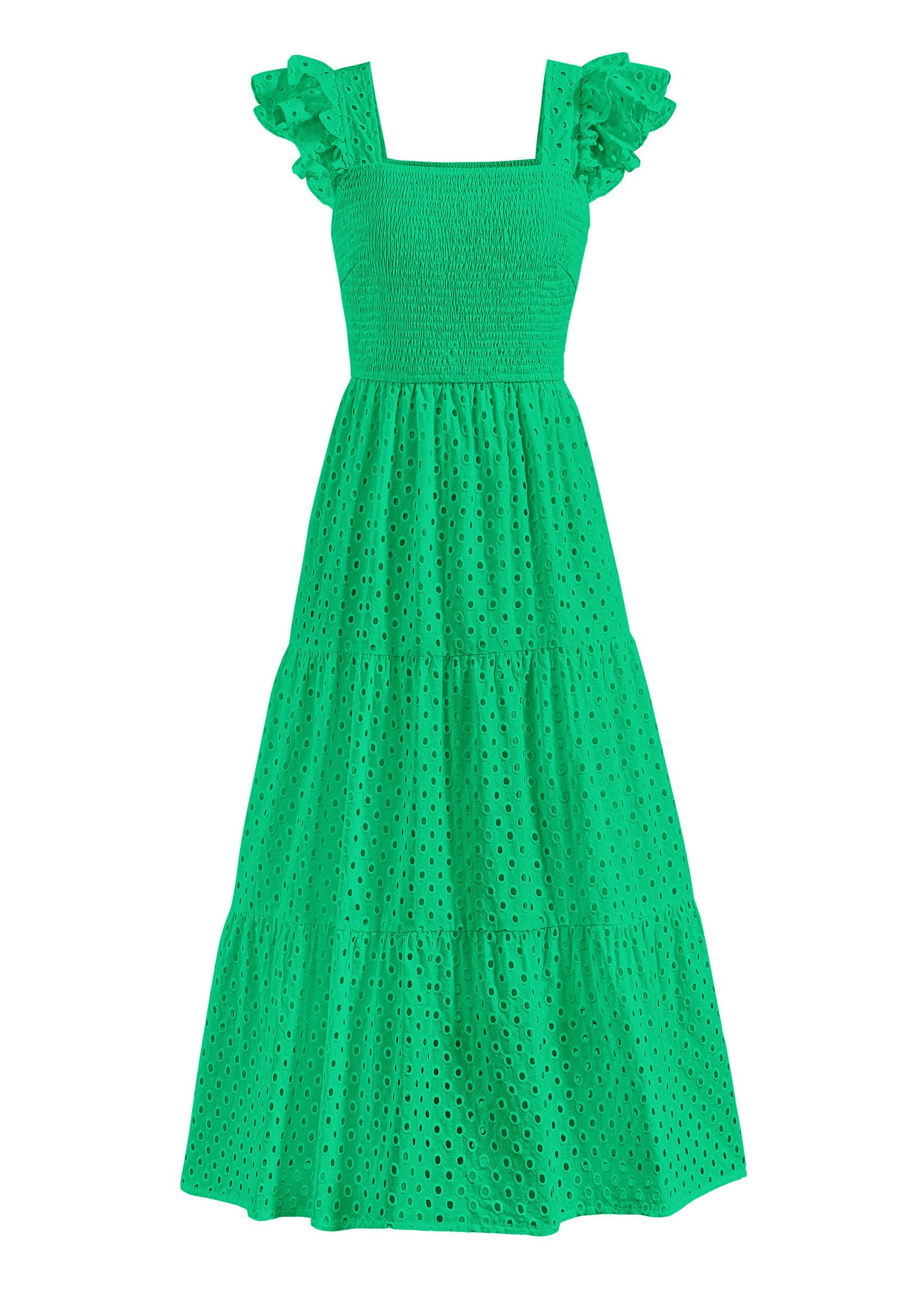 Foto 2 pulgar | Vestido Largo Prettygarden Para Mujer, Cuello Cuadrado, Verde Fruncido - Venta Internacional.