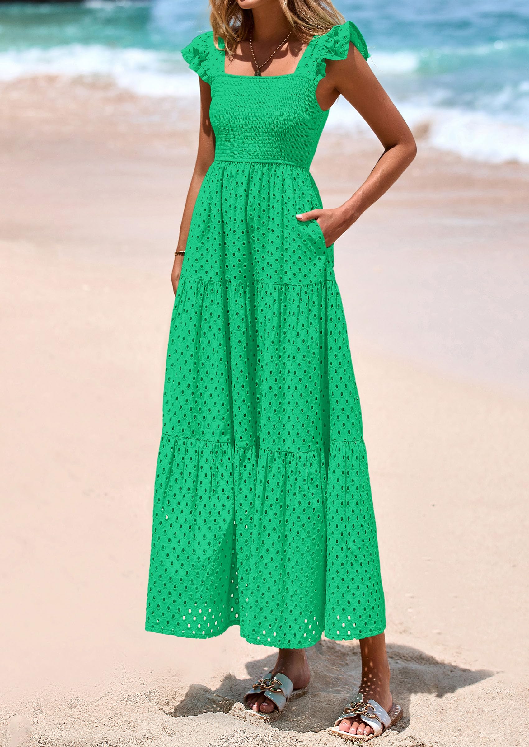 Foto 4 pulgar | Vestido Largo Prettygarden Para Mujer, Cuello Cuadrado, Verde Fruncido - Venta Internacional.