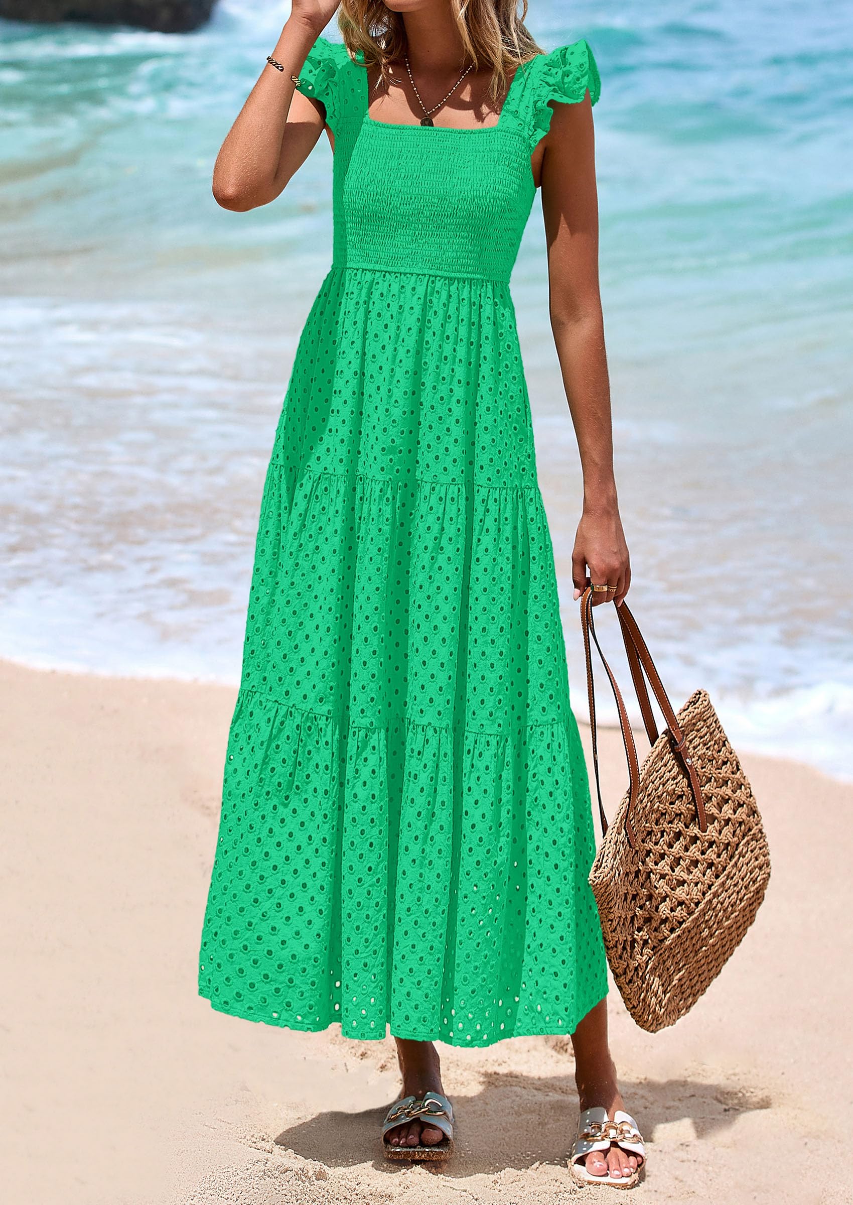 Foto 8 pulgar | Vestido Largo Prettygarden Para Mujer, Cuello Cuadrado, Verde Fruncido - Venta Internacional.