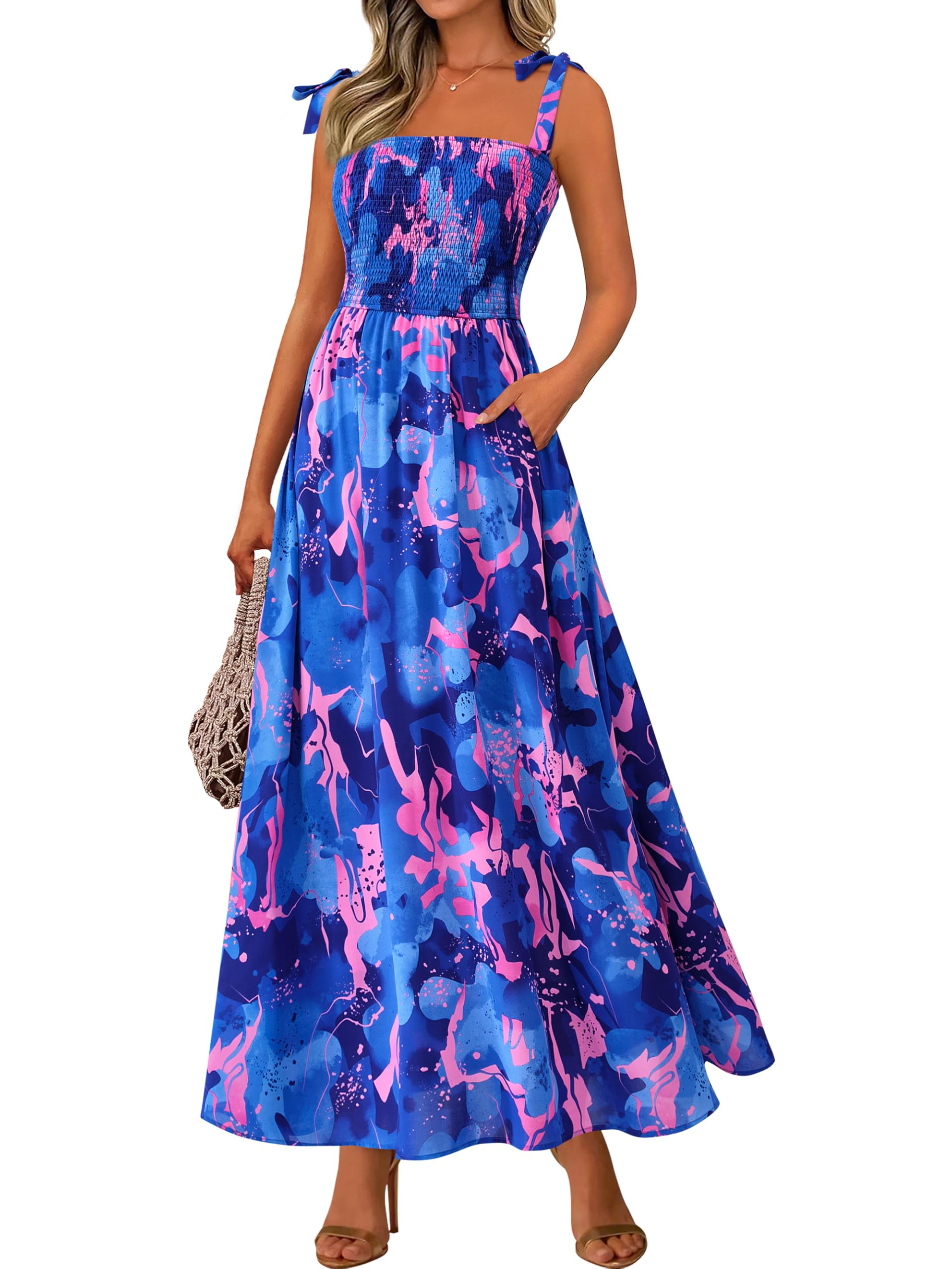 Vestido De Verano Prettygarden Floral Sin Mangas Maxi Azul Real - Venta Internacional.