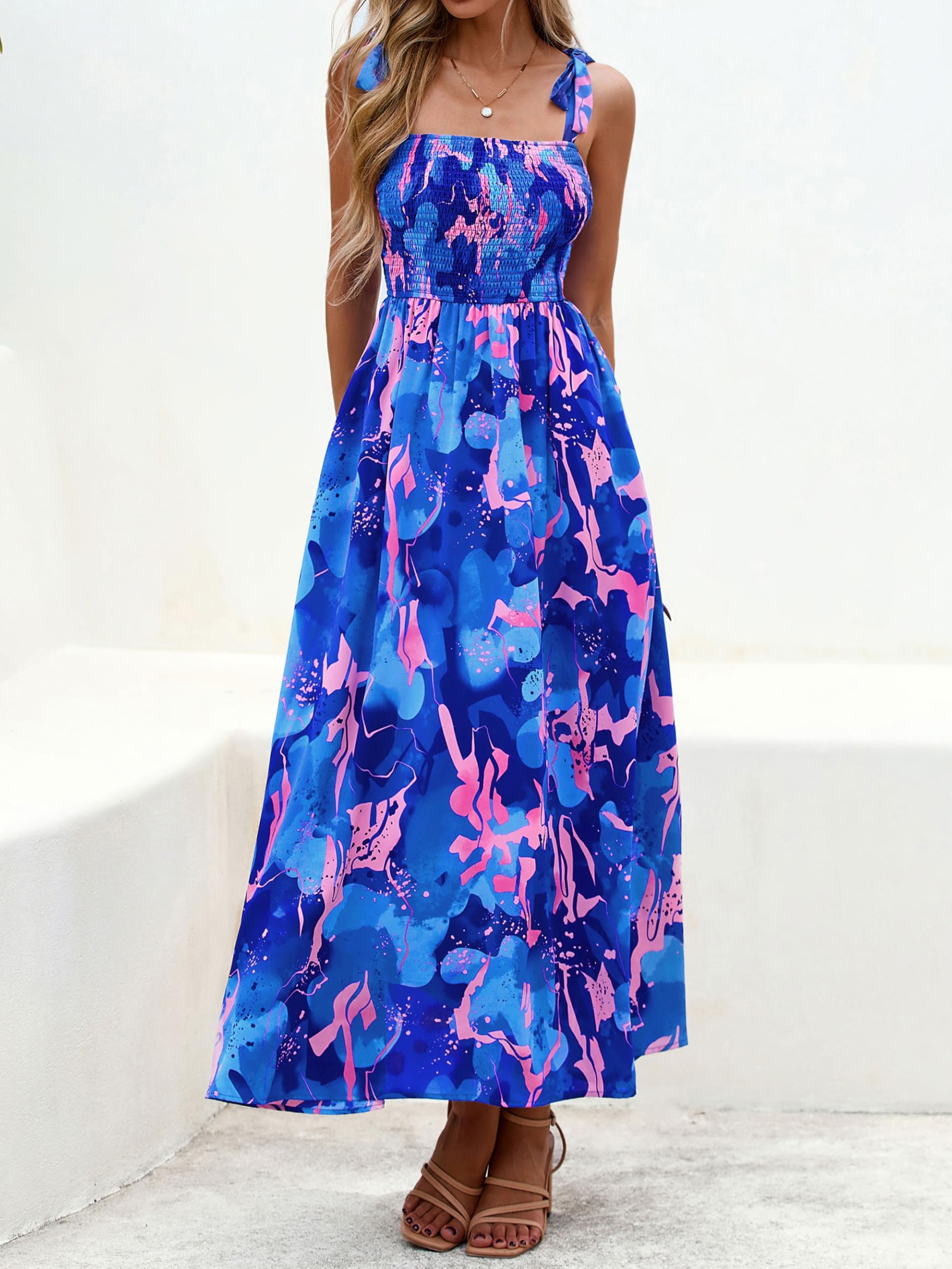 Foto 4 pulgar | Vestido De Verano Prettygarden Floral Sin Mangas Maxi Azul Real - Venta Internacional.