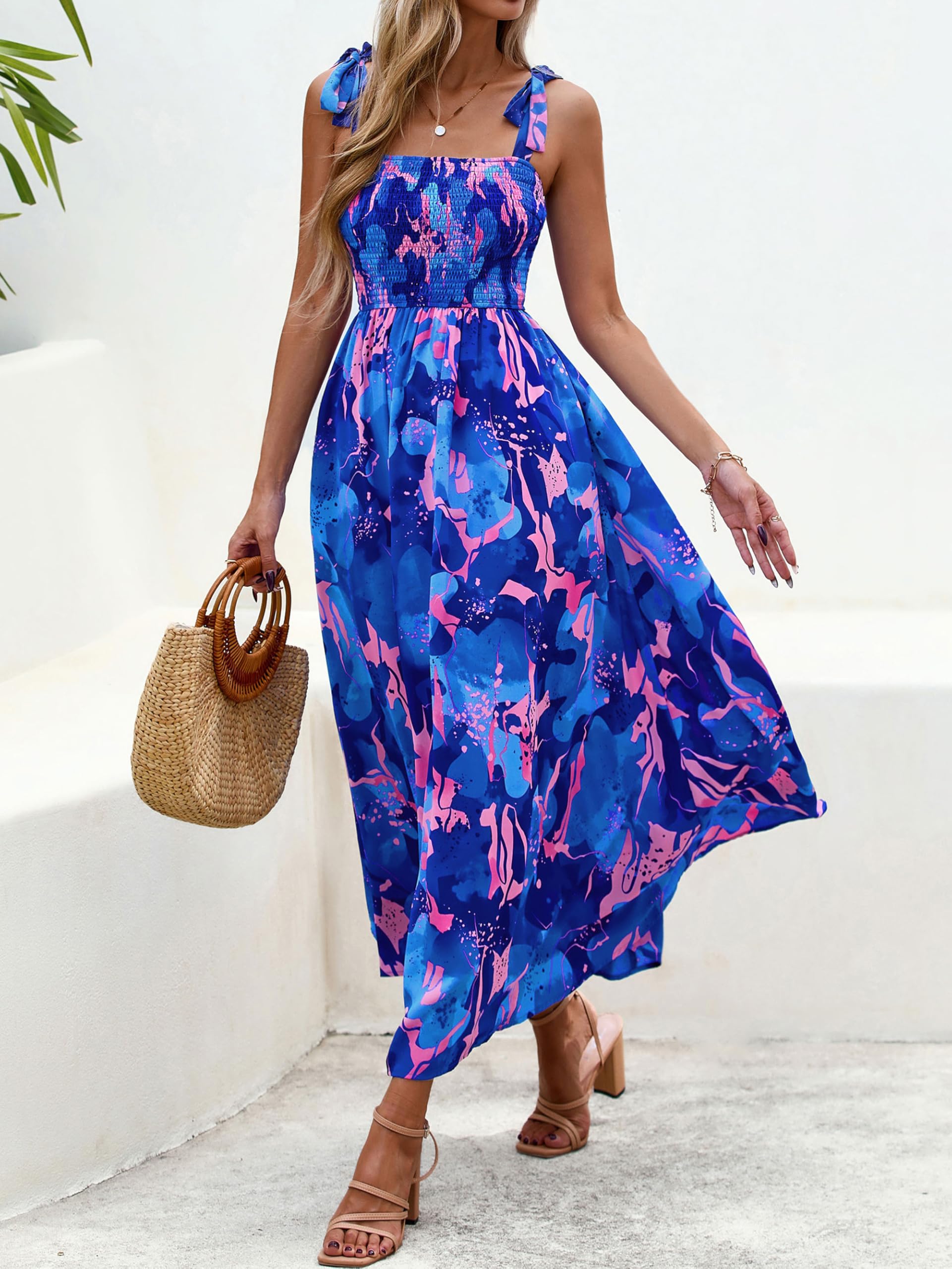 Foto 6 pulgar | Vestido De Verano Prettygarden Floral Sin Mangas Maxi Azul Real - Venta Internacional.