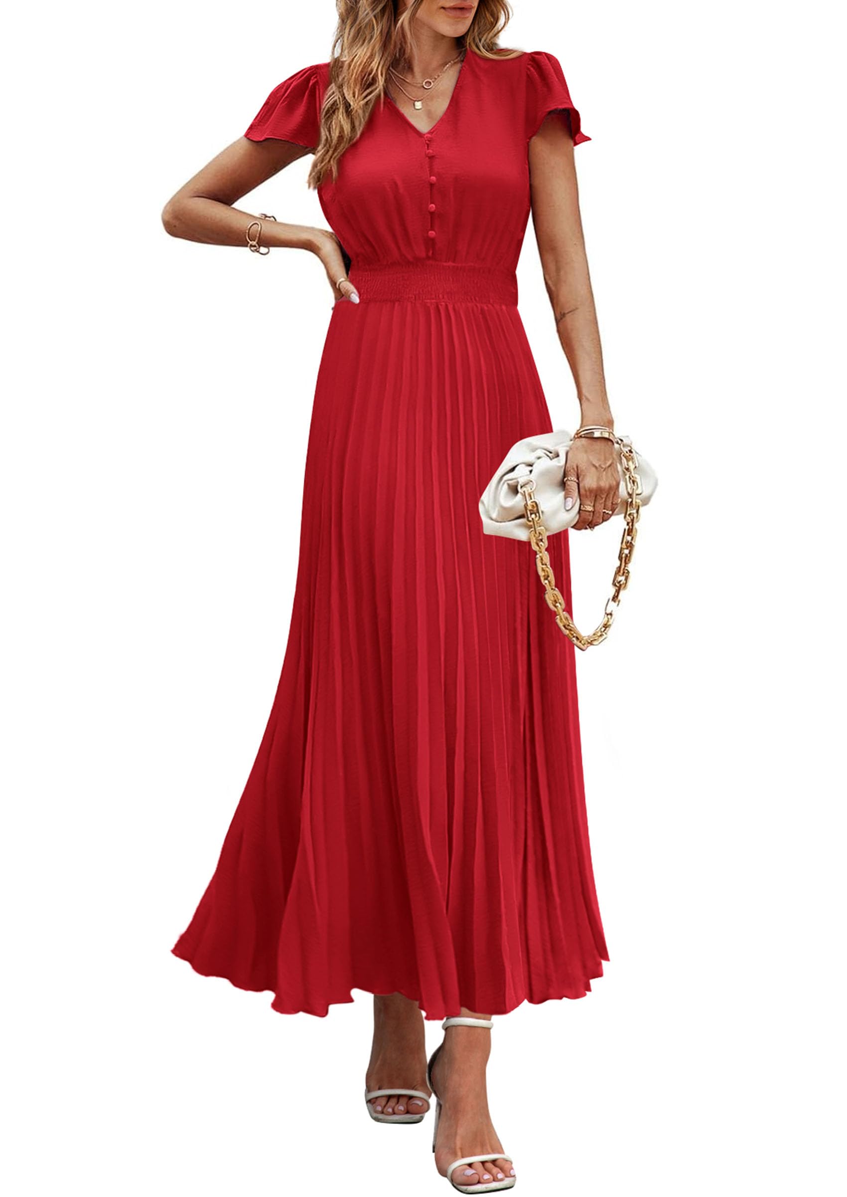 Vestido Largo Prettygarden Para Mujer, Verano 2025, Cuello En V, Con Volantes, Rojo - Venta Internacional.