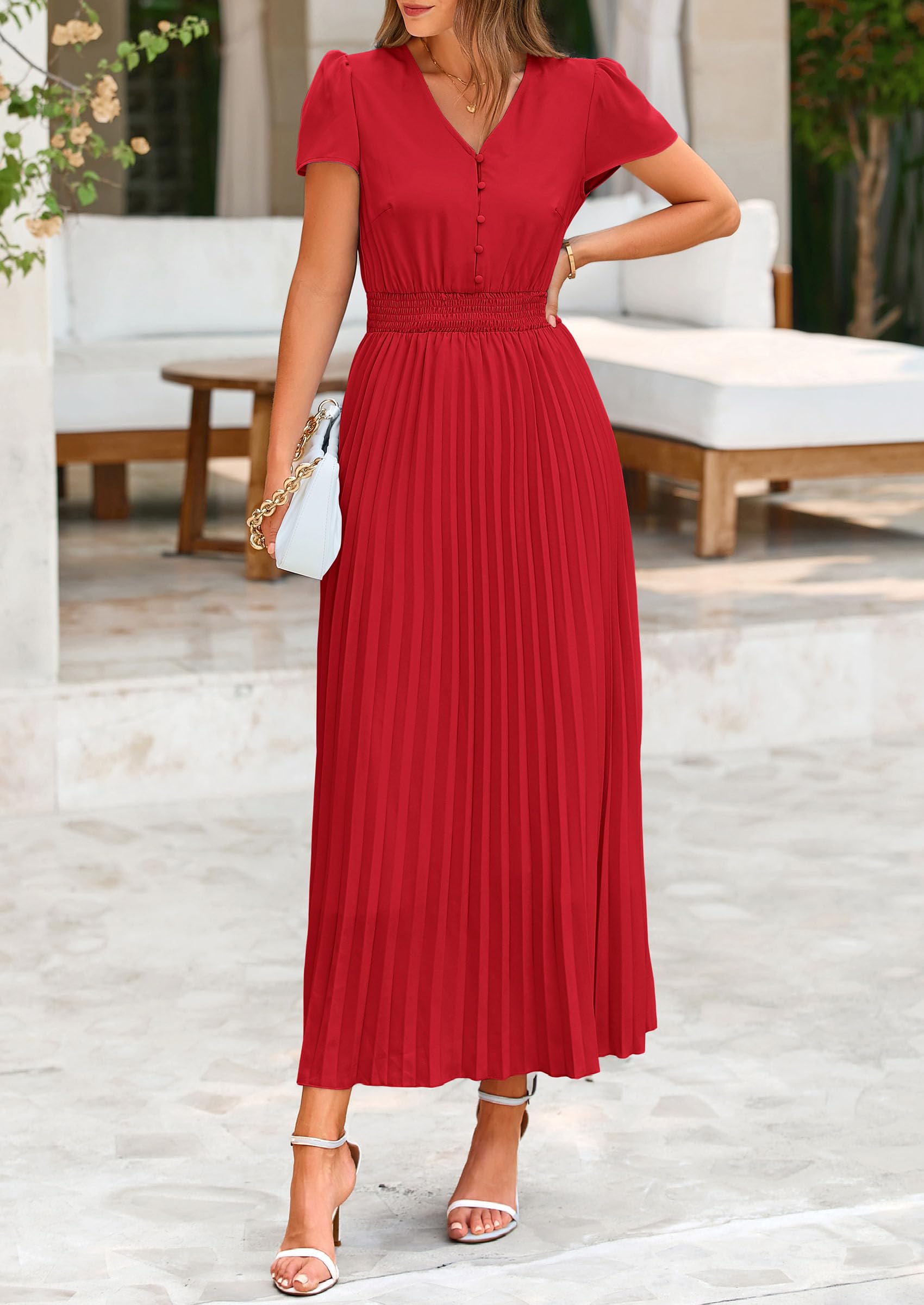 Foto 3 | Vestido Largo Prettygarden Para Mujer, Verano 2025, Cuello En V, Con Volantes, Rojo - Venta Internacional.