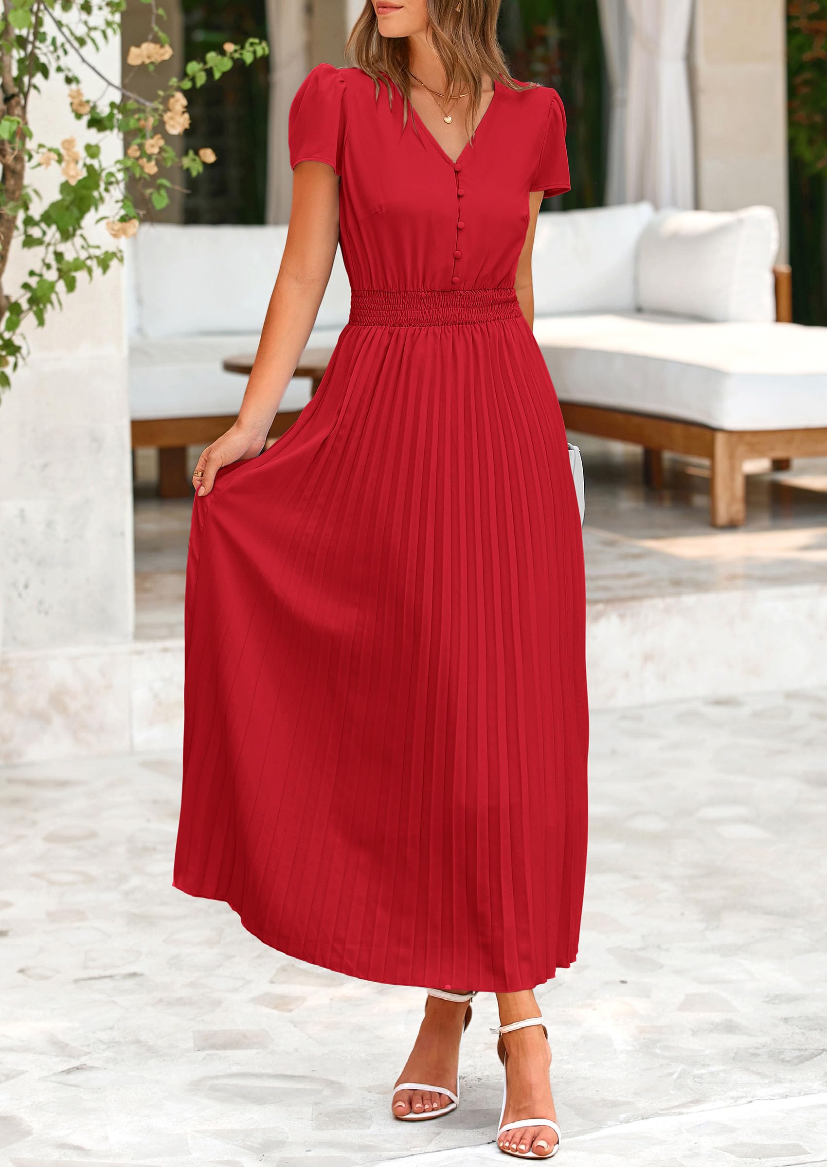 Foto 5 pulgar | Vestido Largo Prettygarden Para Mujer, Verano 2025, Cuello En V, Con Volantes, Rojo - Venta Internacional.