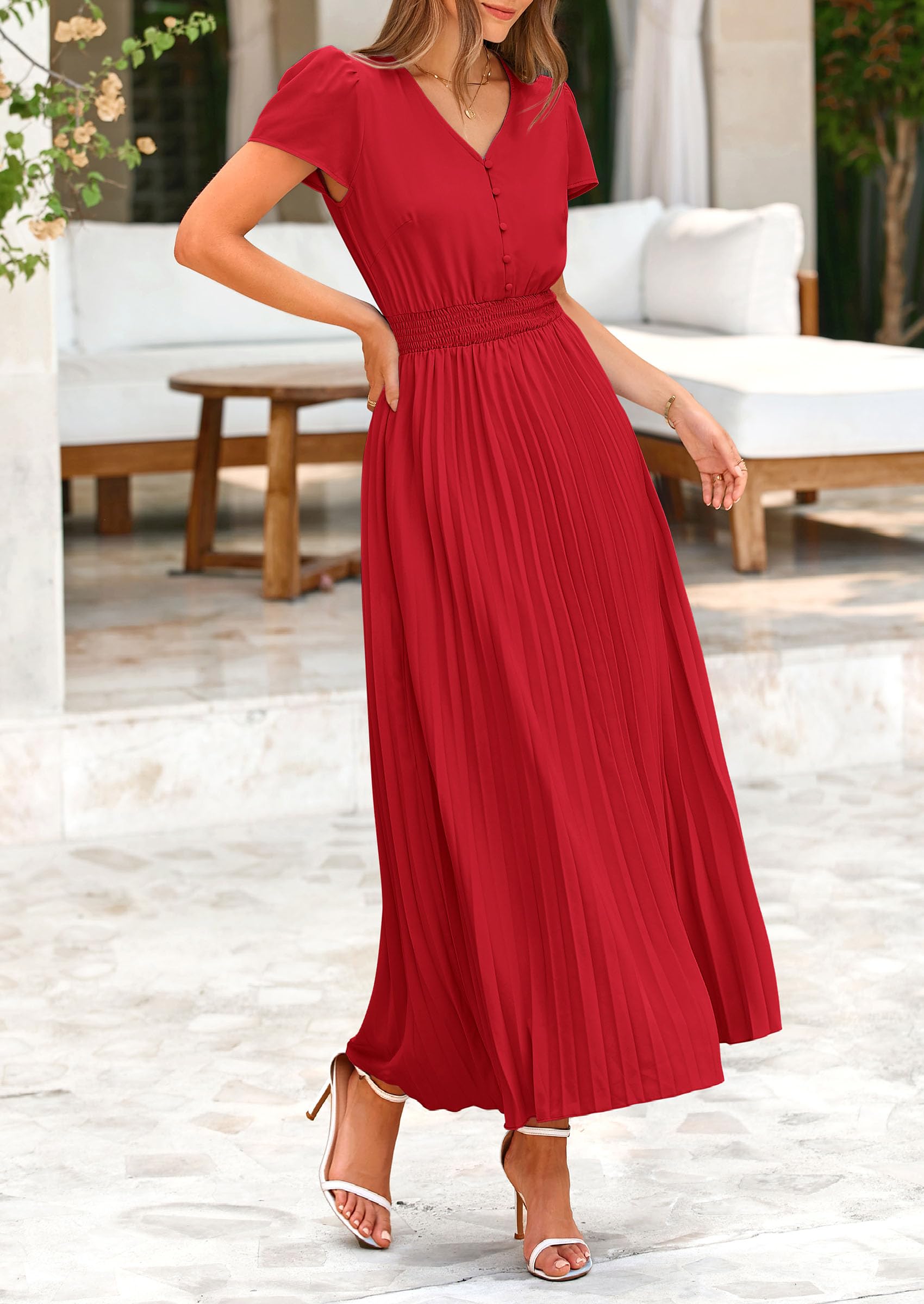 Foto 6 pulgar | Vestido Largo Prettygarden Para Mujer, Verano 2025, Cuello En V, Con Volantes, Rojo - Venta Internacional.