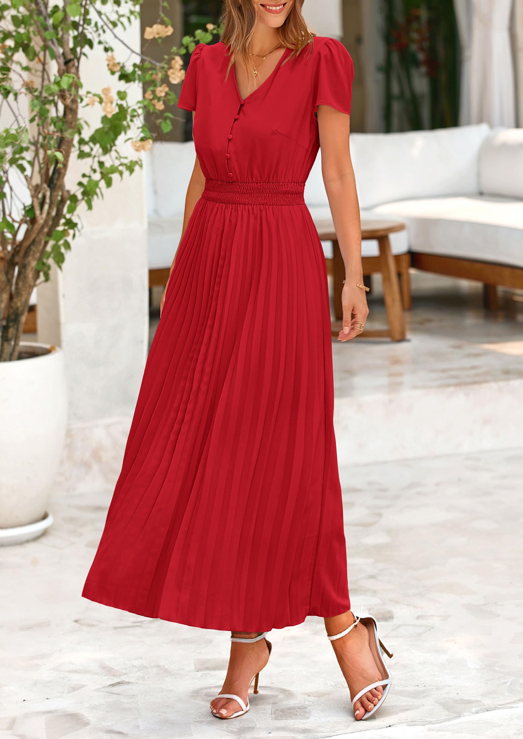 Foto 8 pulgar | Vestido Largo Prettygarden Para Mujer, Verano 2025, Cuello En V, Con Volantes, Rojo - Venta Internacional.