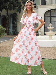 Foto 3 | Vestido Largo Anrabess De Verano Con Cuello En V Y Estampado Floral De Chifón Para Mujer - Venta Internacional.
