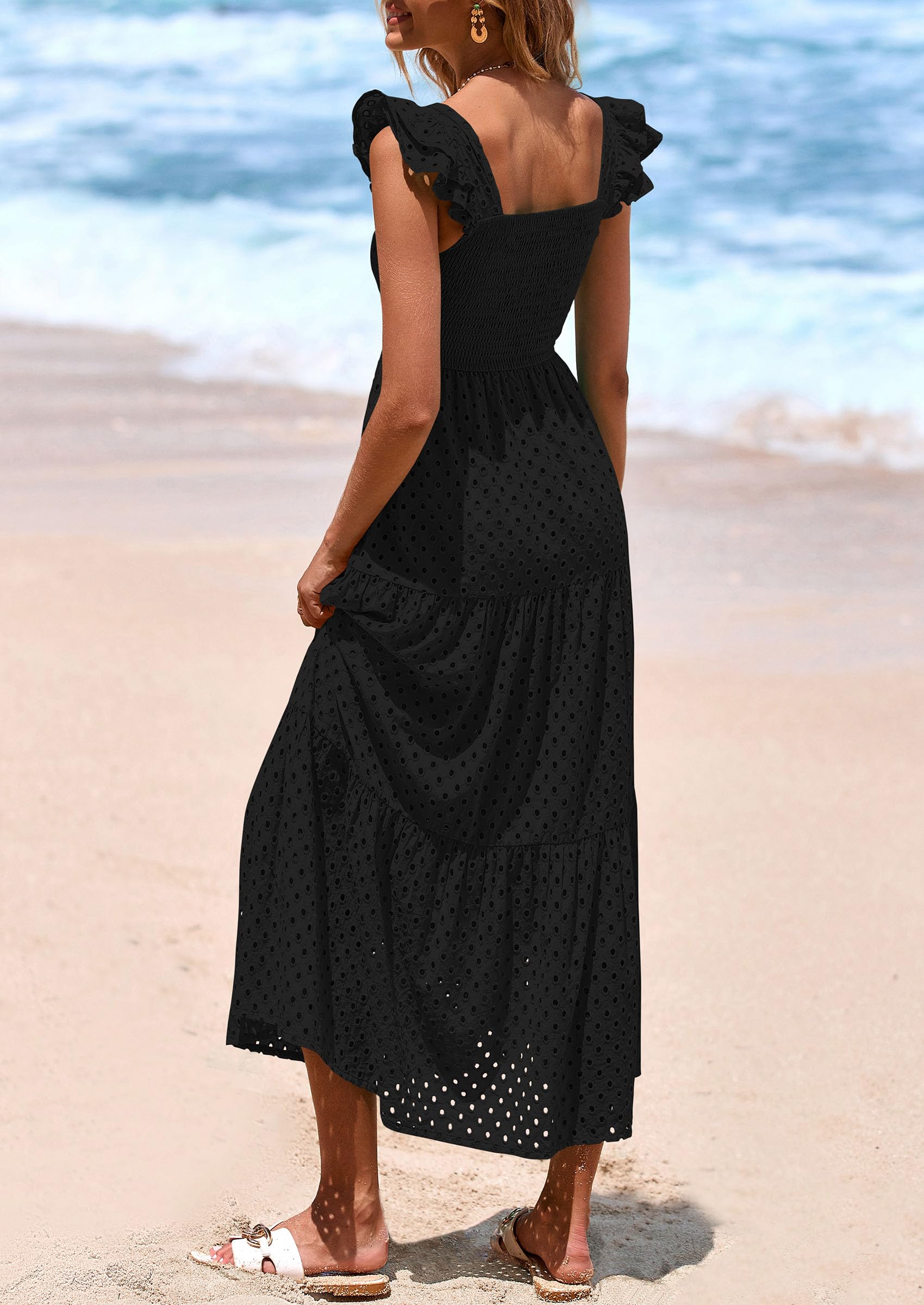 Foto 3 pulgar | Vestido Largo Prettygarden Para Mujer, Cuello Cuadrado, Negro Fruncido - Venta Internacional.