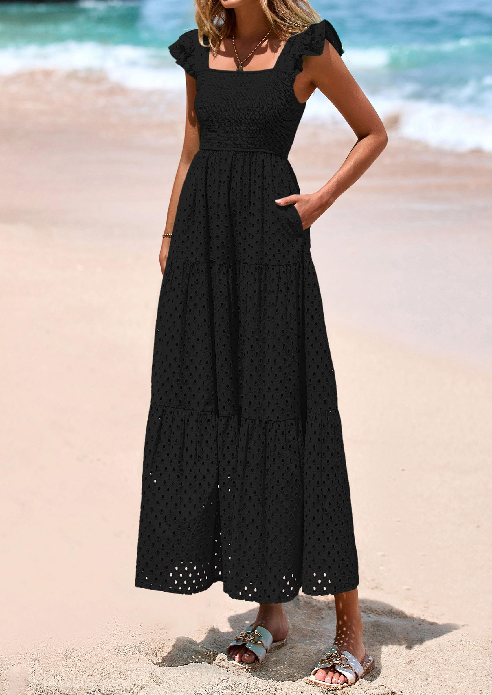 Foto 4 pulgar | Vestido Largo Prettygarden Para Mujer, Cuello Cuadrado, Negro Fruncido - Venta Internacional.