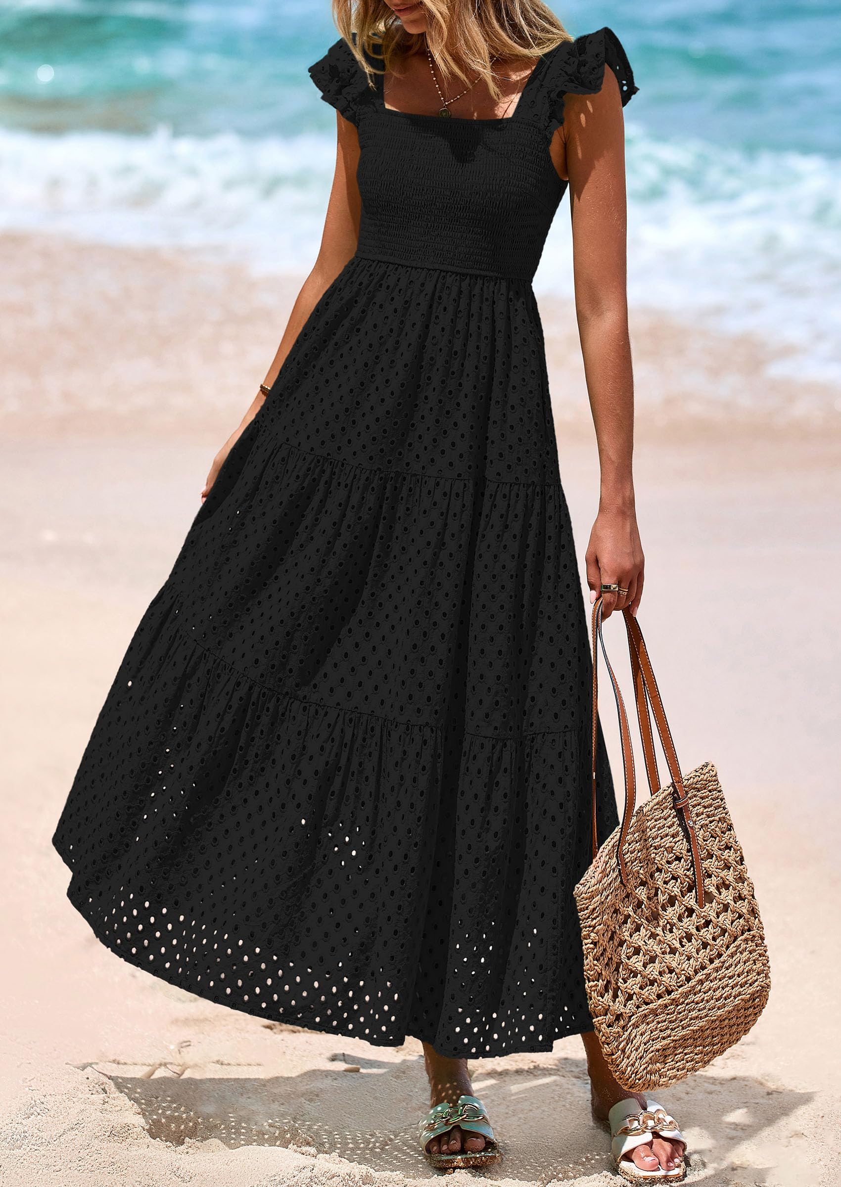 Foto 5 pulgar | Vestido Largo Prettygarden Para Mujer, Cuello Cuadrado, Negro Fruncido - Venta Internacional.