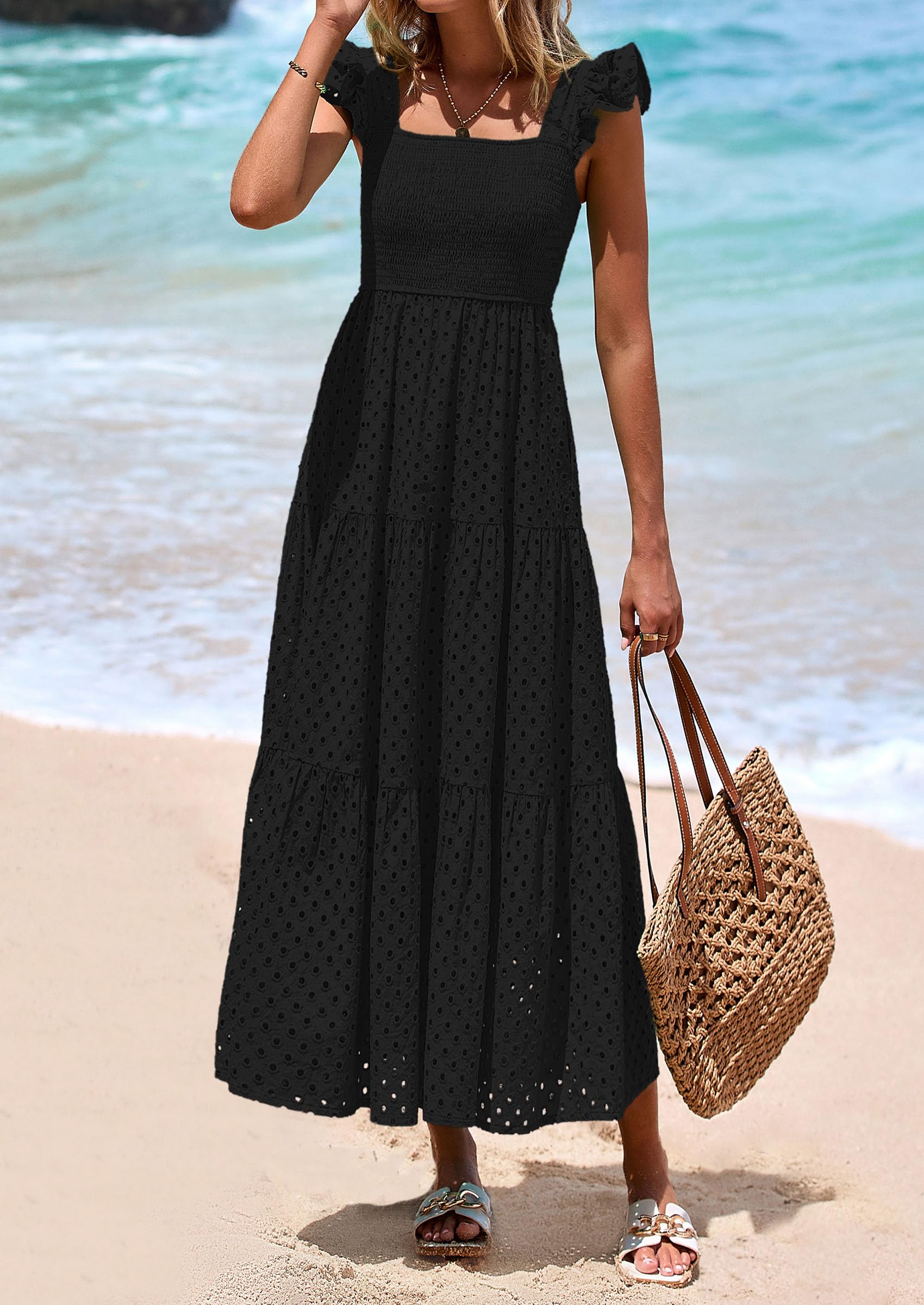 Foto 8 pulgar | Vestido Largo Prettygarden Para Mujer, Cuello Cuadrado, Negro Fruncido - Venta Internacional.