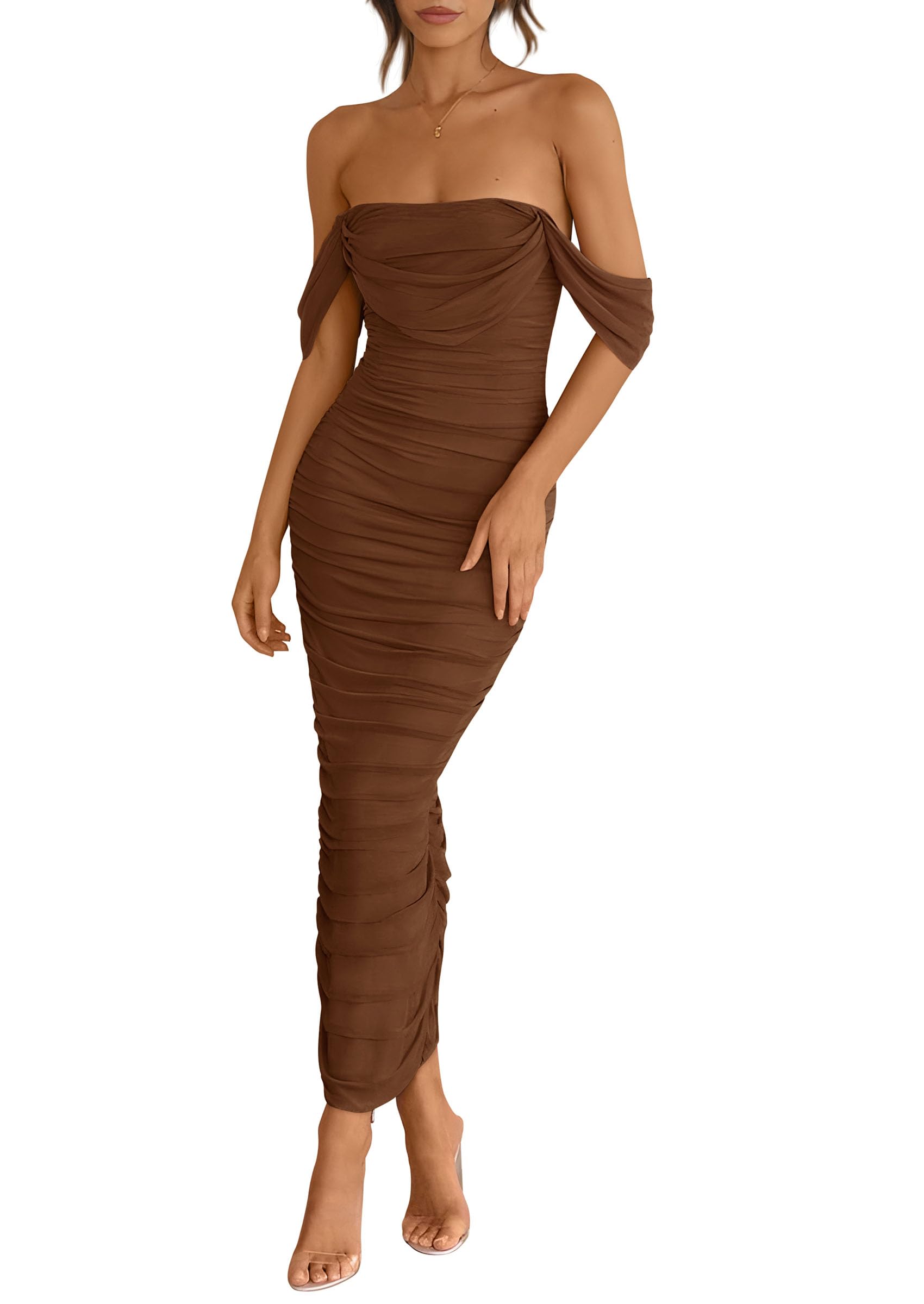 Foto 1 | Vestido Prettygarden Para Mujer 2025, Verano, Hombros Descubiertos, Marrón - Venta Internacional.