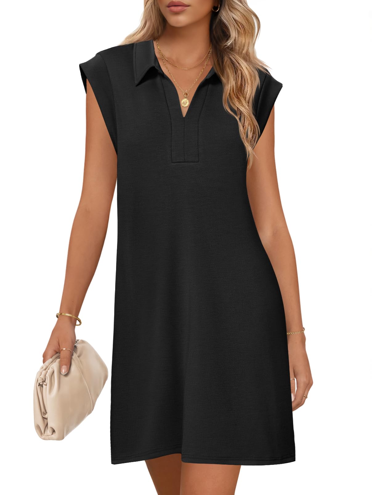 Vestido Merokeety 2025, Verano, Manga Corta, Cuello En V, Holgado, Negro - Venta Internacional.