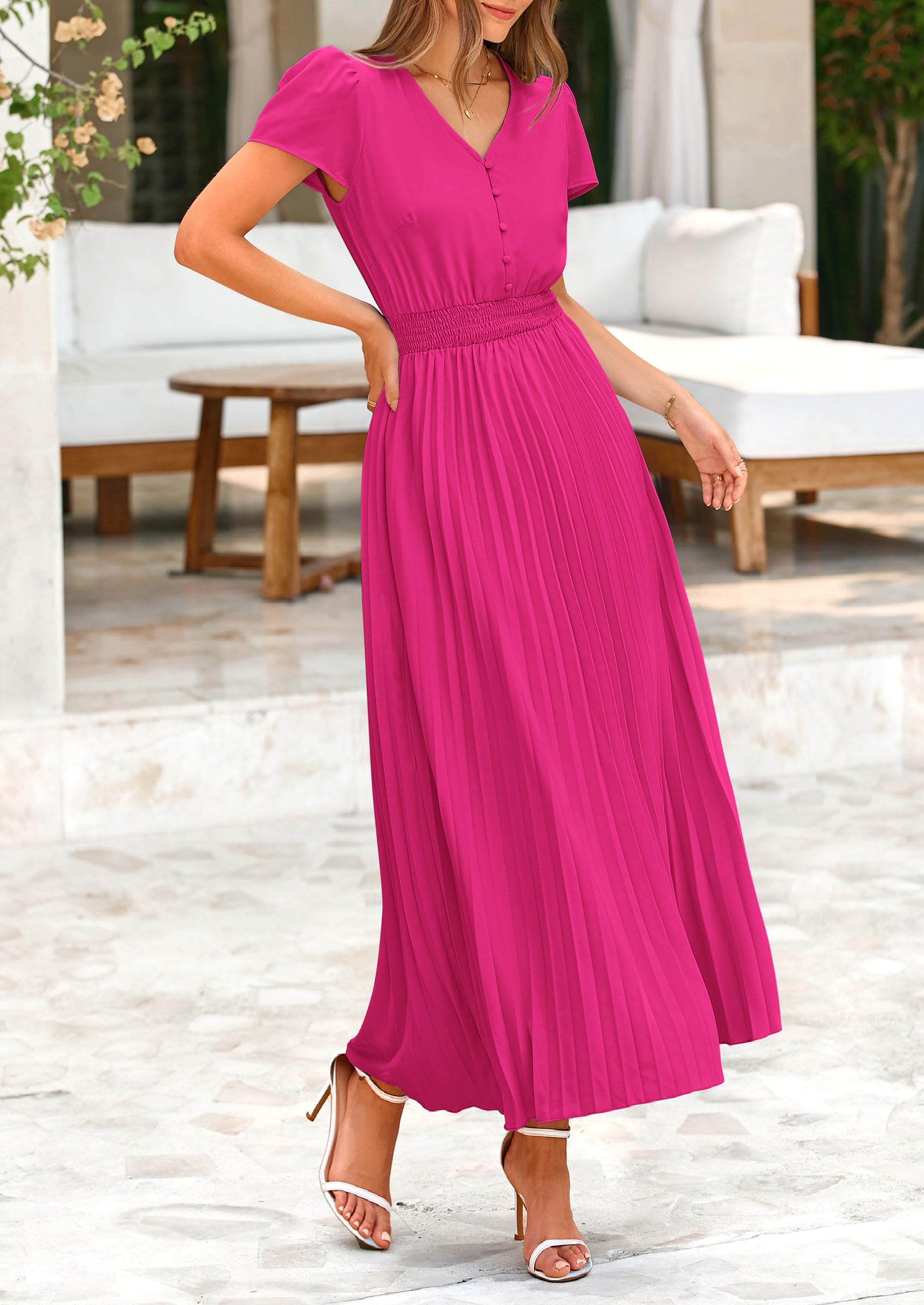 Foto 6 pulgar | Vestido Largo Prettygarden Para Mujer, Cuello En V, Manga Corta Con Volantes, Verano - Venta Internacional.