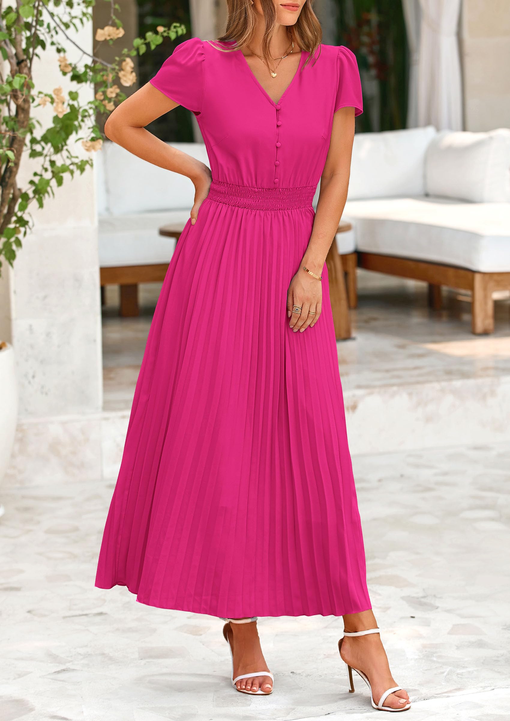 Foto 7 pulgar | Vestido Largo Prettygarden Para Mujer, Cuello En V, Manga Corta Con Volantes, Verano - Venta Internacional.