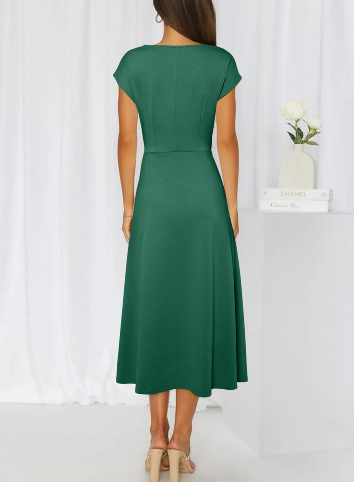 Foto 2 | Vestido Midi Happy Sailed De Manga Corta Con Cuello Vuelto Y Cintura Fruncida - Venta Internacional.