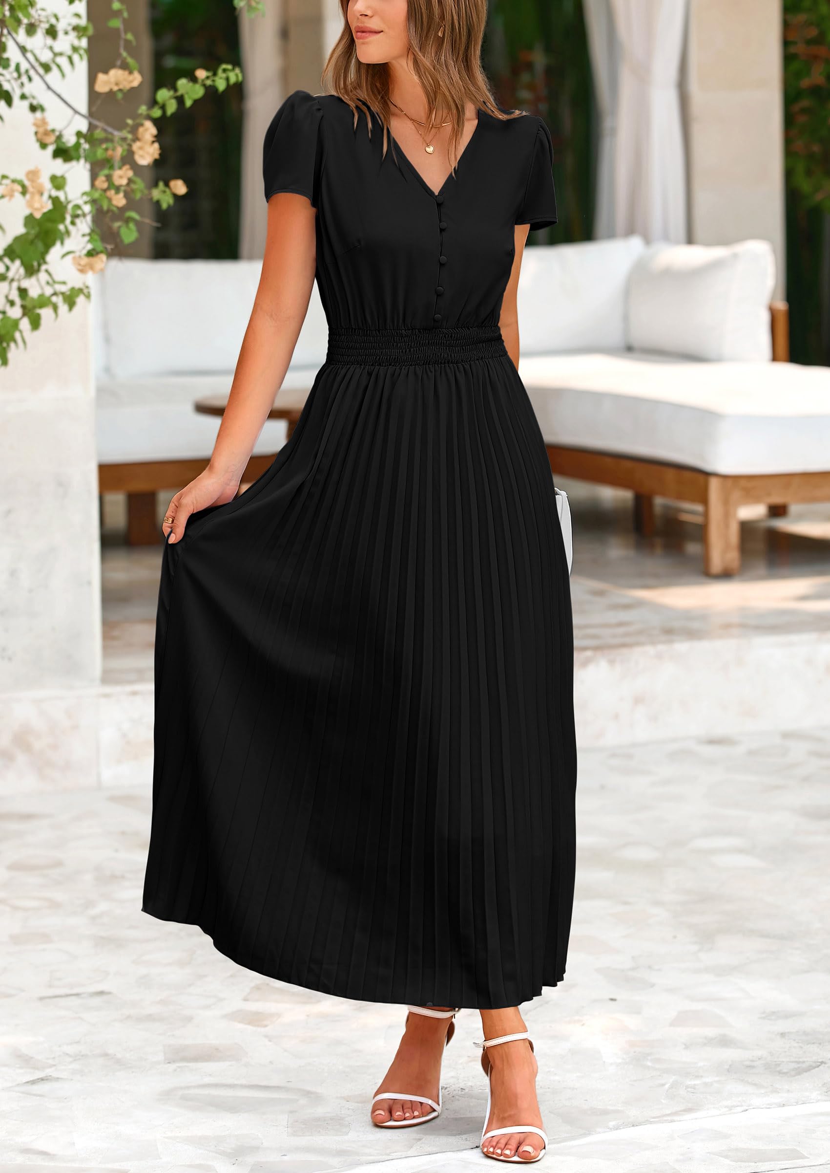 Foto 8 pulgar | Vestido Largo Prettygarden Para Mujer, Cuello En V, Cuello En V, Volantes, Negro - Venta Internacional.