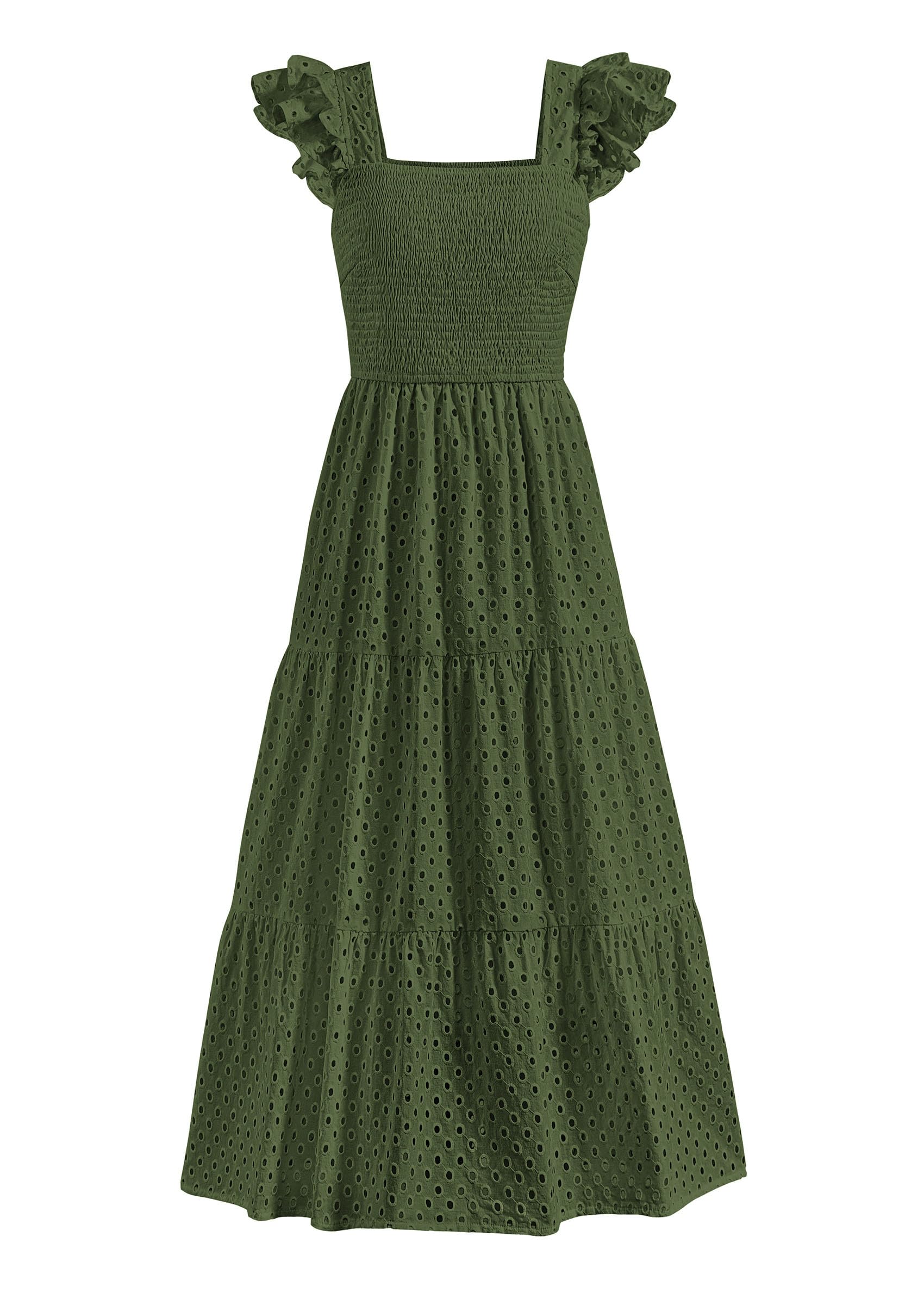 Foto 2 pulgar | Vestido Largo Prettygarden Para Mujer, Cuello Cuadrado, Color Verde Militar Fruncido - Venta Internacional.