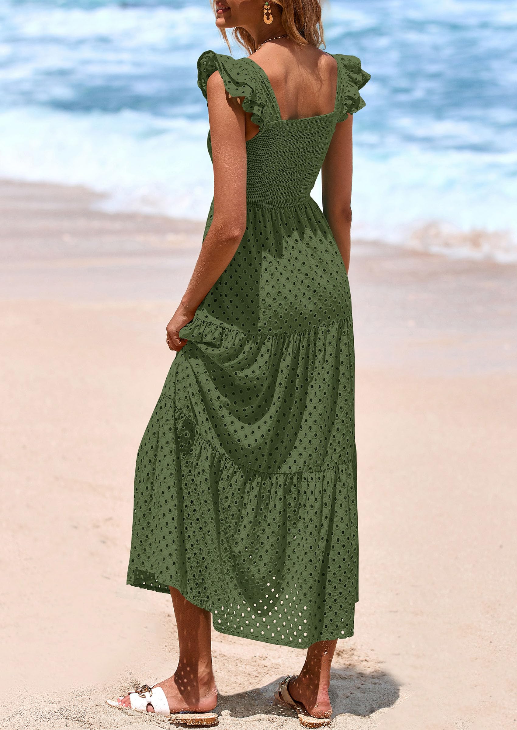 Foto 3 pulgar | Vestido Largo Prettygarden Para Mujer, Cuello Cuadrado, Color Verde Militar Fruncido - Venta Internacional.
