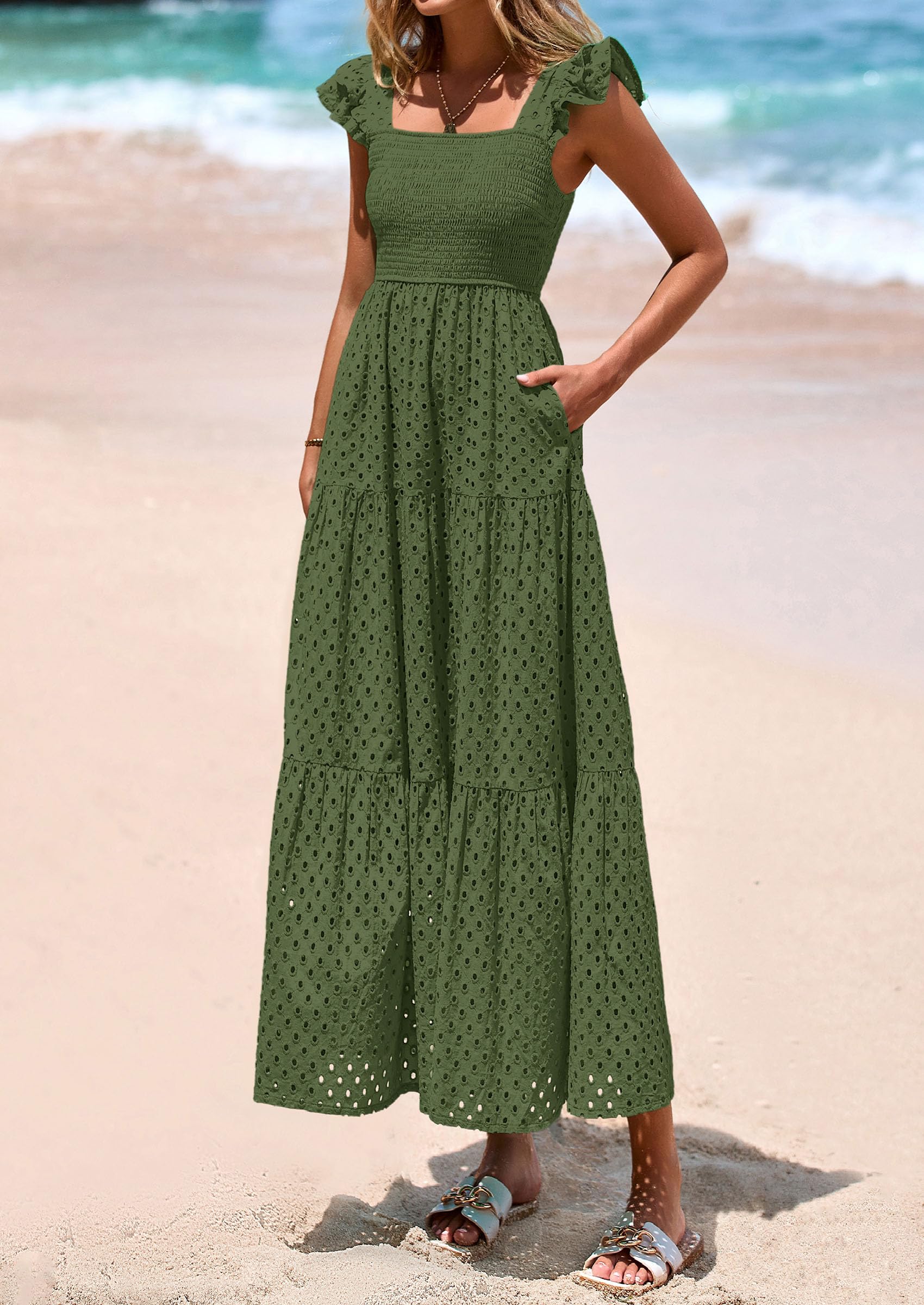 Foto 4 pulgar | Vestido Largo Prettygarden Para Mujer, Cuello Cuadrado, Color Verde Militar Fruncido - Venta Internacional.