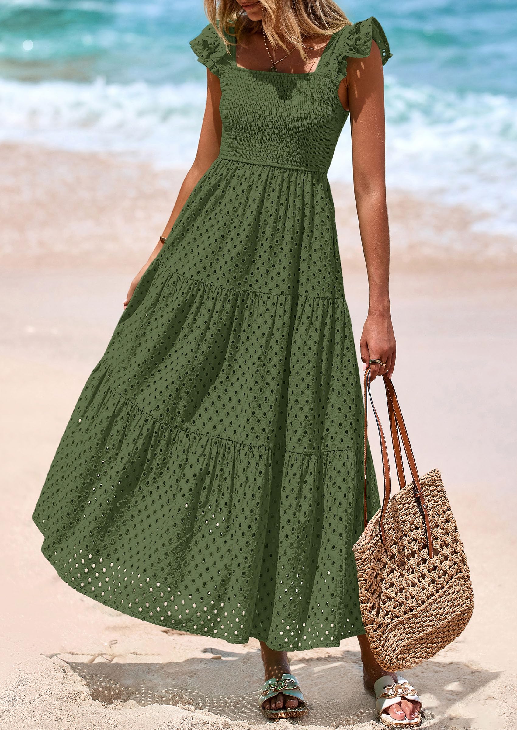 Foto 5 pulgar | Vestido Largo Prettygarden Para Mujer, Cuello Cuadrado, Color Verde Militar Fruncido - Venta Internacional.