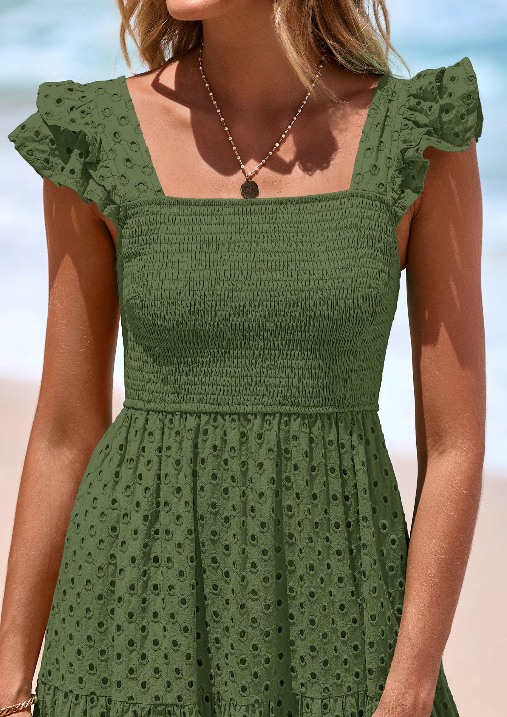 Foto 6 pulgar | Vestido Largo Prettygarden Para Mujer, Cuello Cuadrado, Color Verde Militar Fruncido - Venta Internacional.