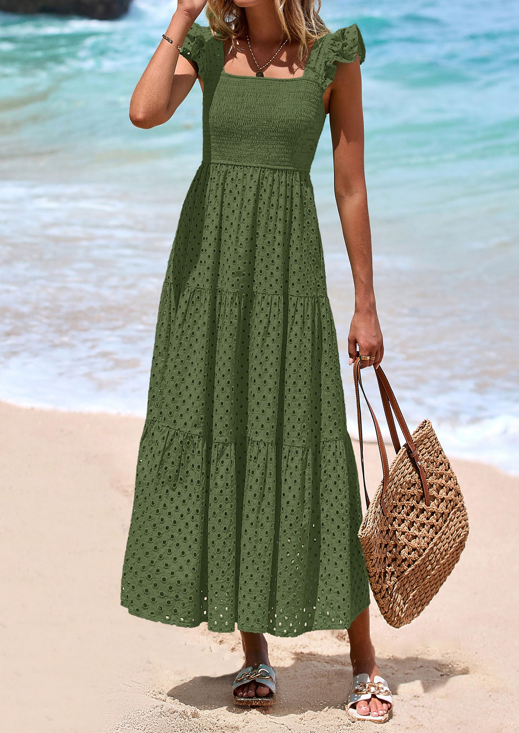Foto 8 pulgar | Vestido Largo Prettygarden Para Mujer, Cuello Cuadrado, Color Verde Militar Fruncido - Venta Internacional.
