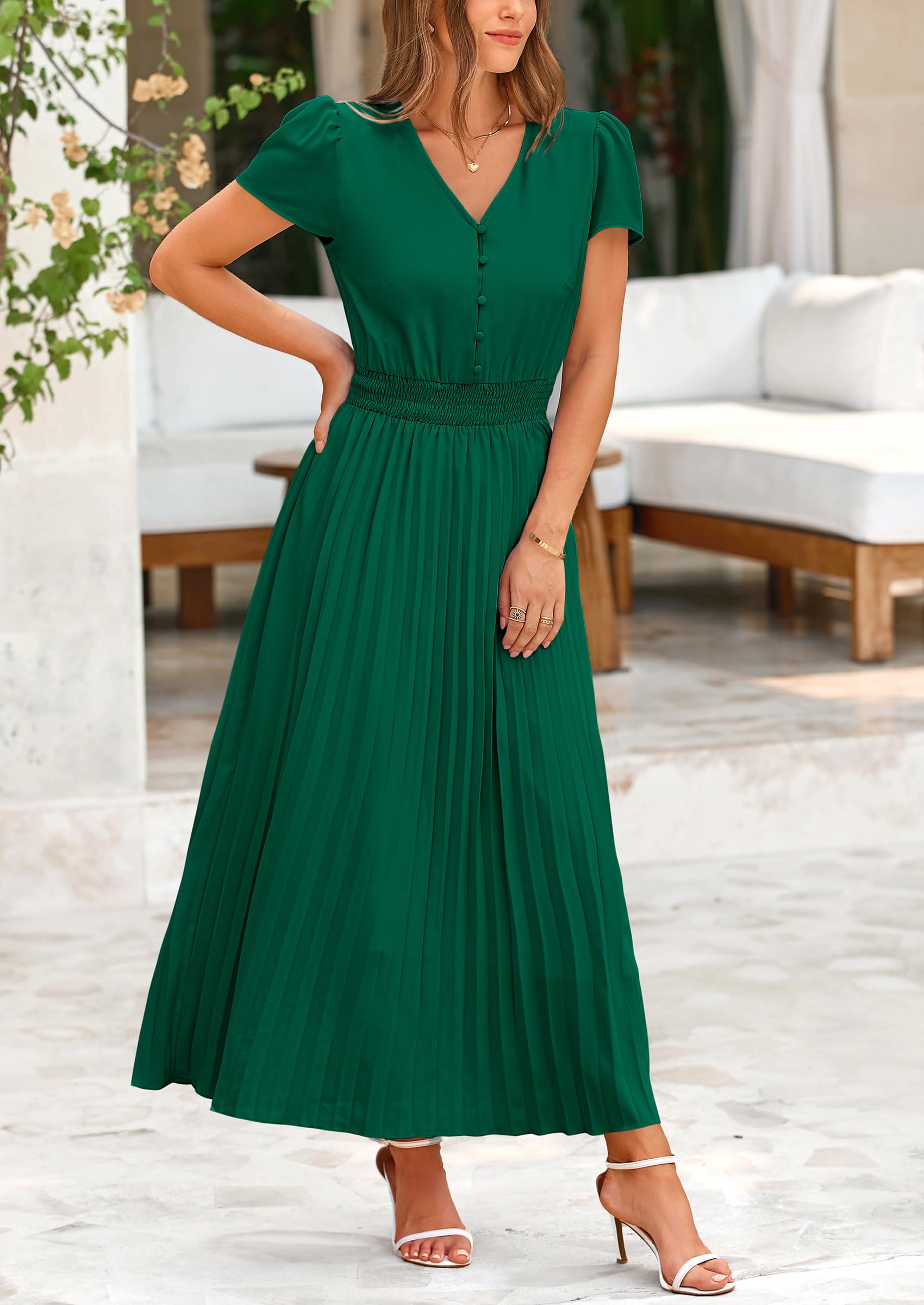 Foto 6 pulgar | Vestido Largo Prettygarden Para Mujer, Verano, Cuello En V, Volantes, Verde Oscuro - Venta Internacional.