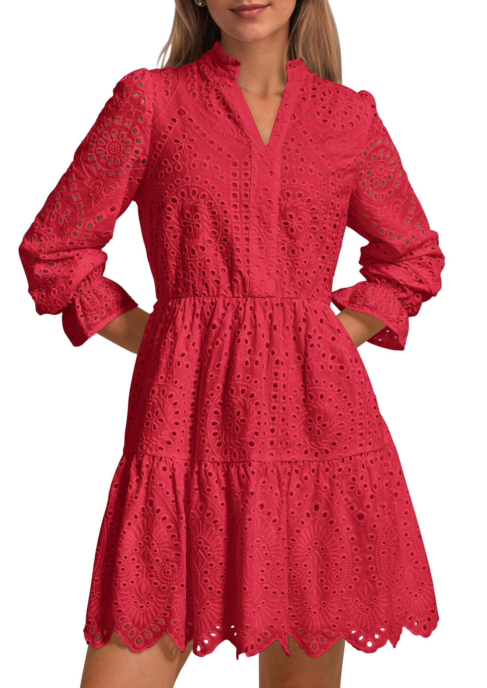 Foto 2 pulgar | Vestido Prettygarden Para Mujer, Primavera 2025, Manga Larga, Cuello En V, Rojo - Venta Internacional.