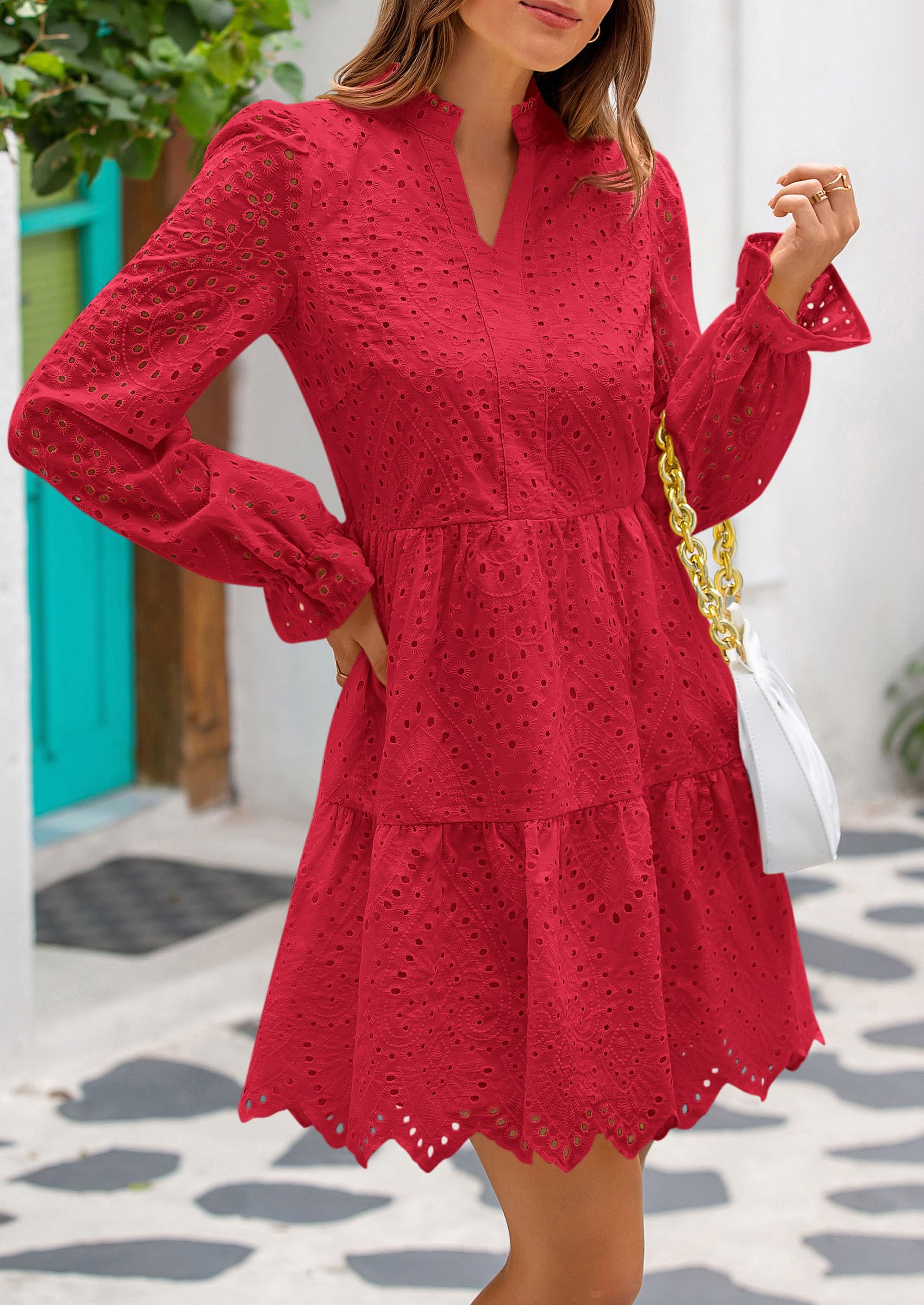 Foto 4 pulgar | Vestido Prettygarden Para Mujer, Primavera 2025, Manga Larga, Cuello En V, Rojo - Venta Internacional.