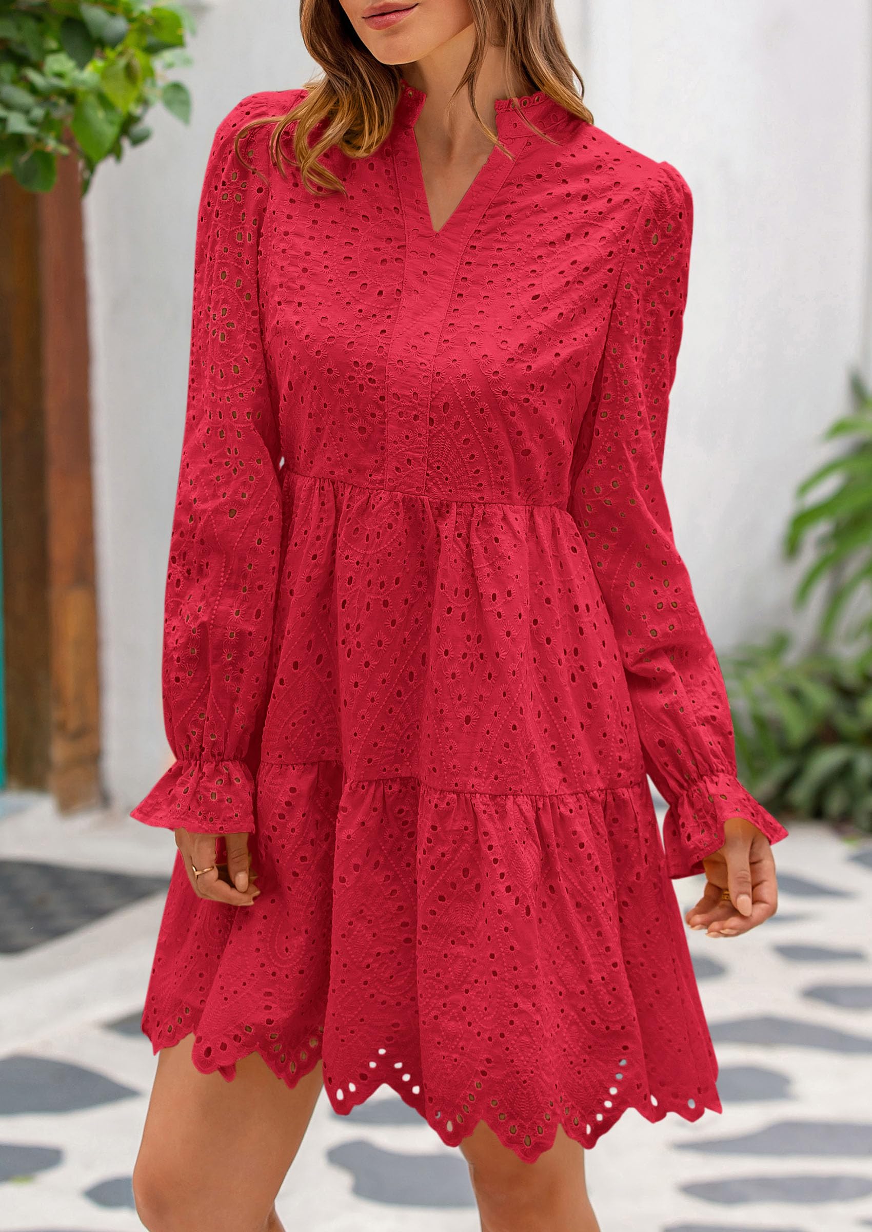 Foto 5 pulgar | Vestido Prettygarden Para Mujer, Primavera 2025, Manga Larga, Cuello En V, Rojo - Venta Internacional.