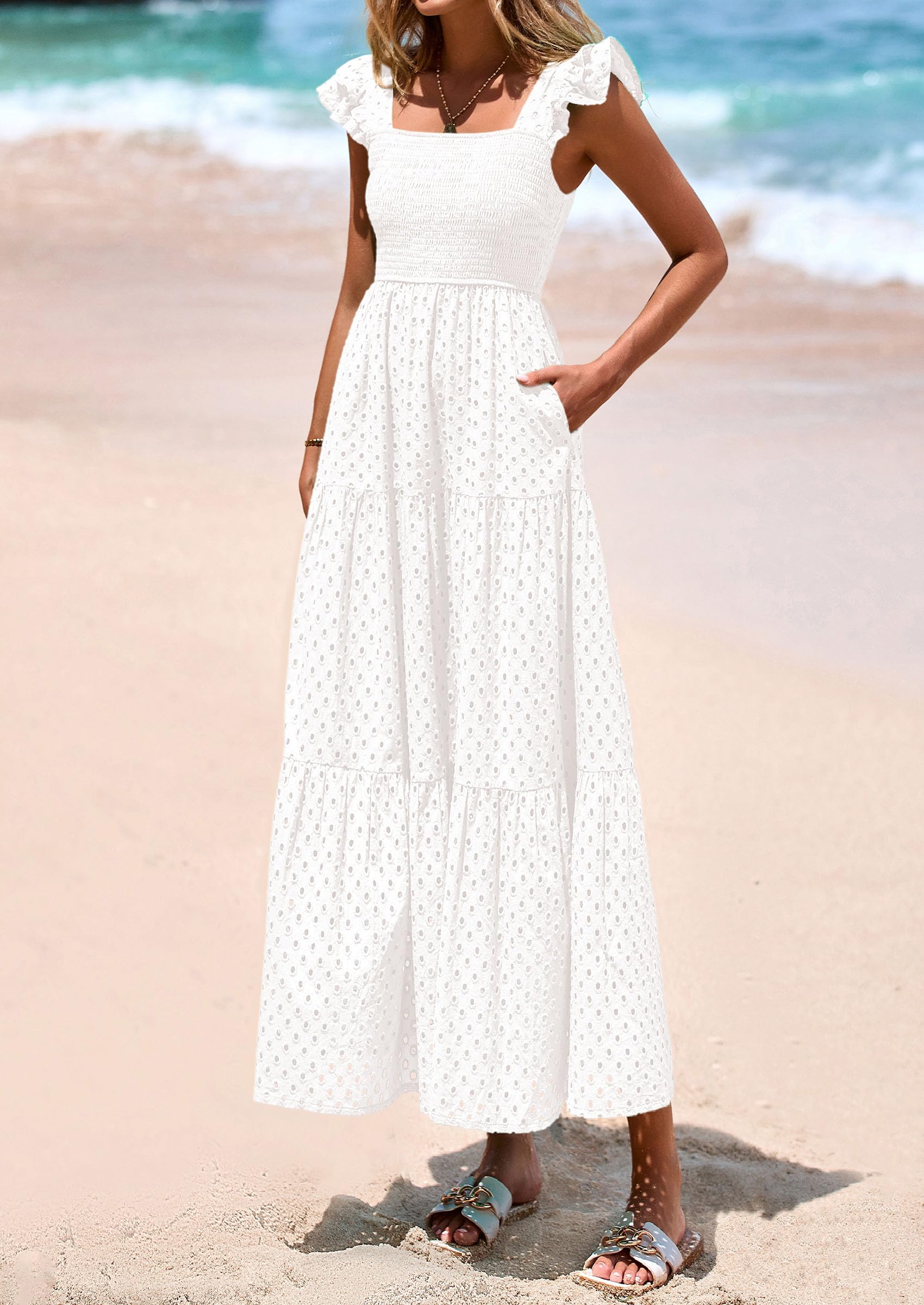 Foto 4 pulgar | Vestido Largo Prettygarden Para Mujer Con Cuello Cuadrado Y Ojales, Color Blanco, Xxl - Venta Internacional.