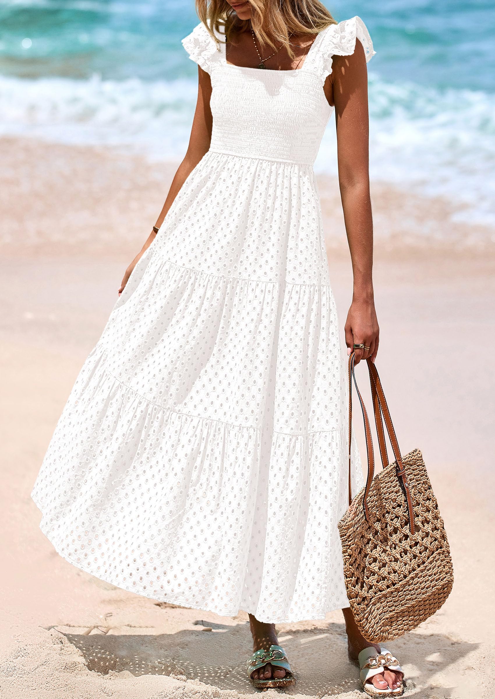 Foto 5 pulgar | Vestido Largo Prettygarden Para Mujer Con Cuello Cuadrado Y Ojales, Color Blanco, Xxl - Venta Internacional.