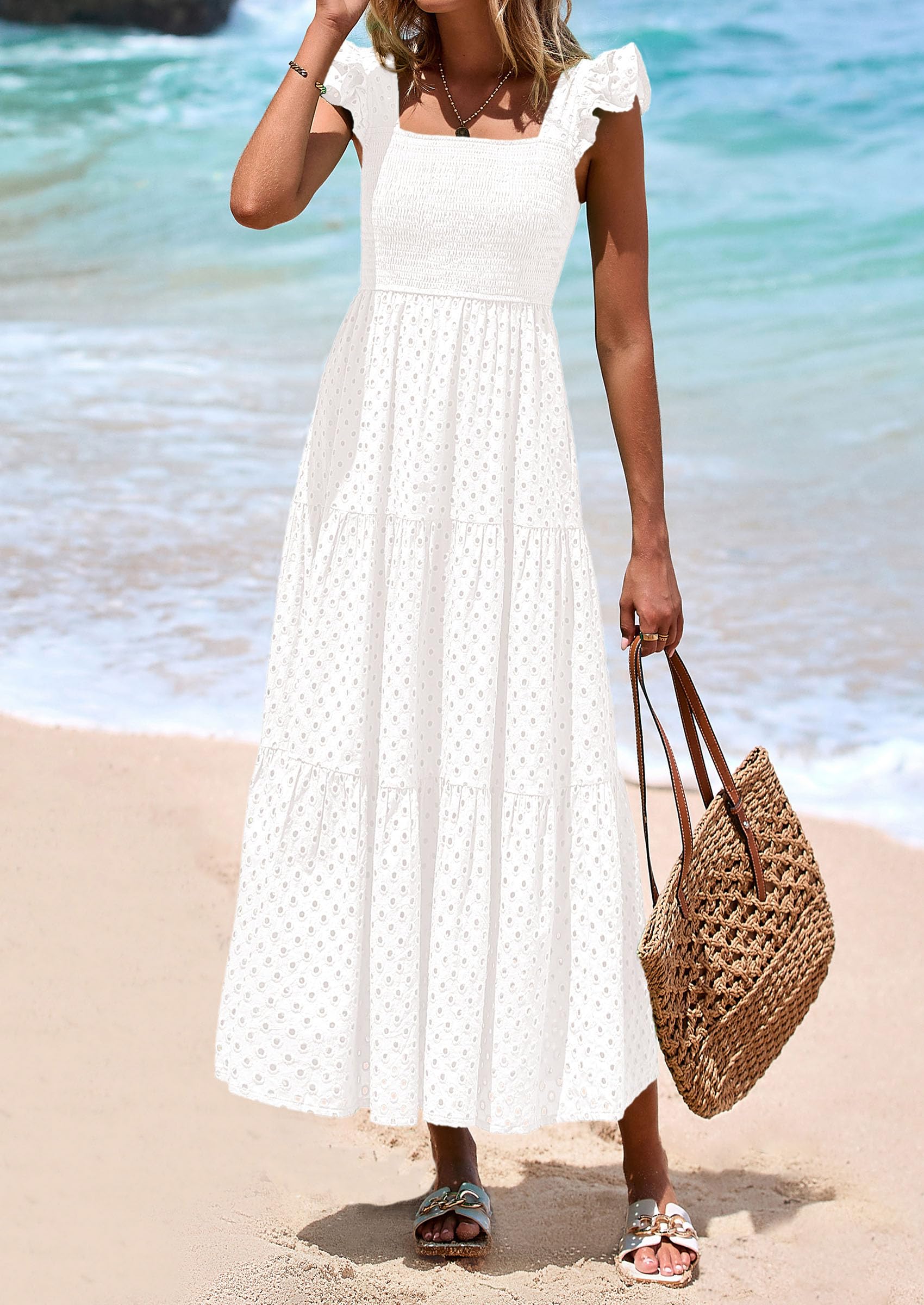 Foto 8 pulgar | Vestido Largo Prettygarden Para Mujer Con Cuello Cuadrado Y Ojales, Color Blanco, Xxl - Venta Internacional.