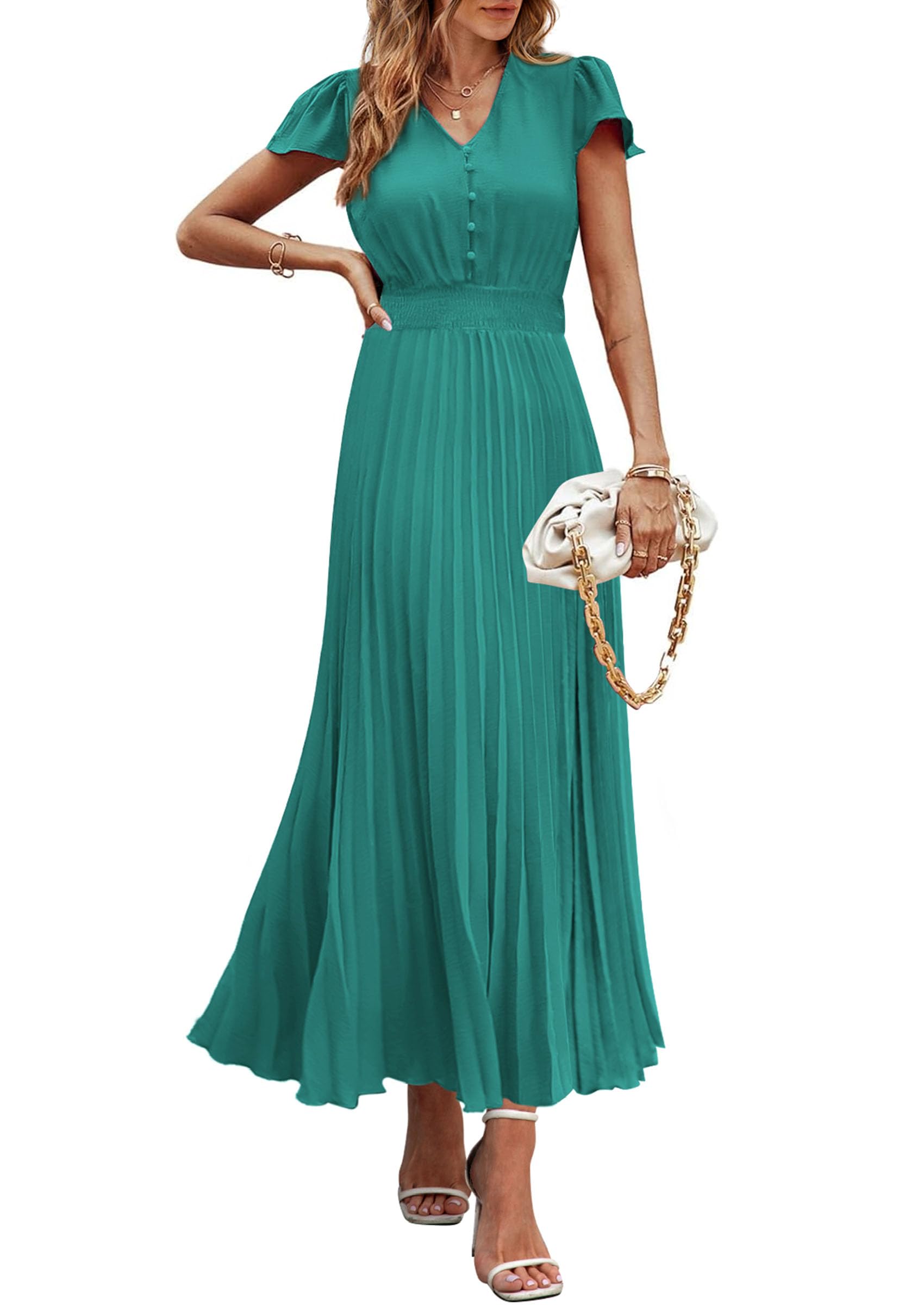 Vestido Largo Prettygarden Verano 2025 Con Cuello En V Y Manga Corta Con Volantes - Venta Internacional.